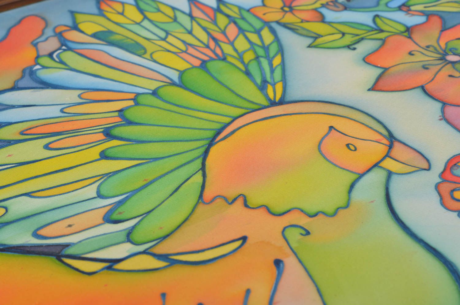 Handgemachtes Stoff Wandbild in Batik Technik bunte Papageien in Holzrahmen foto 4