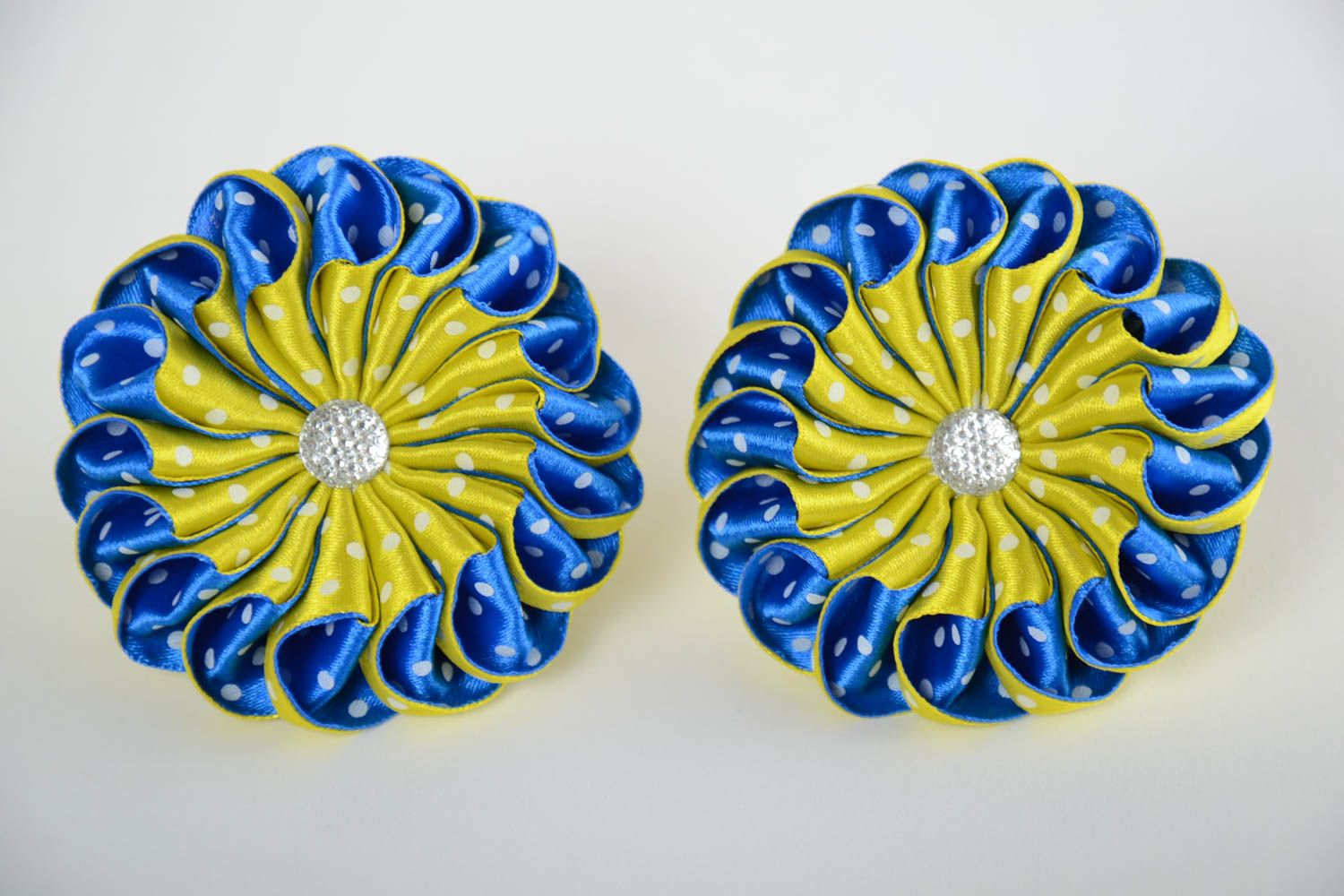 Set of handmade decorative hair ties with volume blue yellow kanzashi flowers photo 5