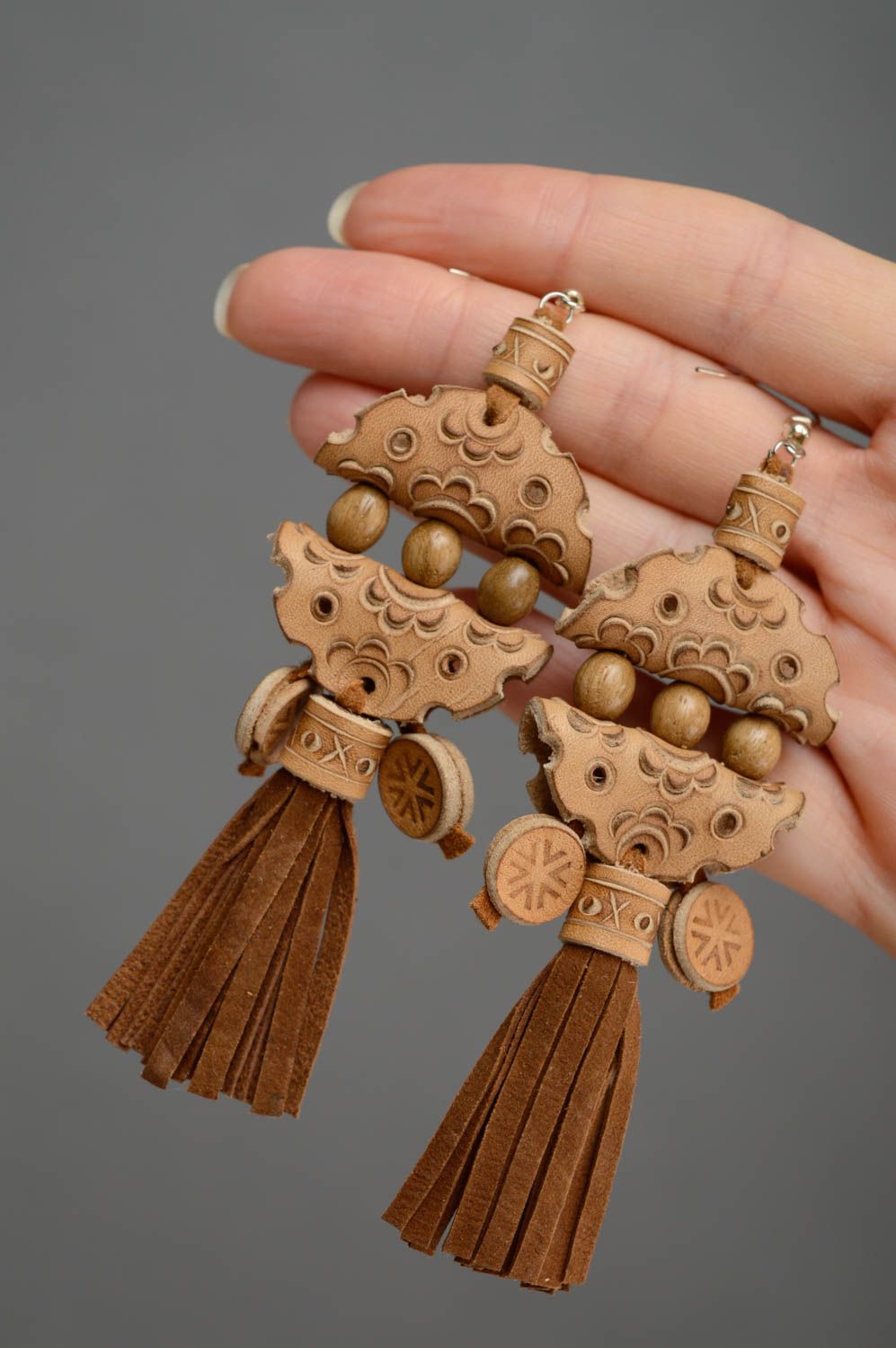 Leather earrings with wooden beads photo 4