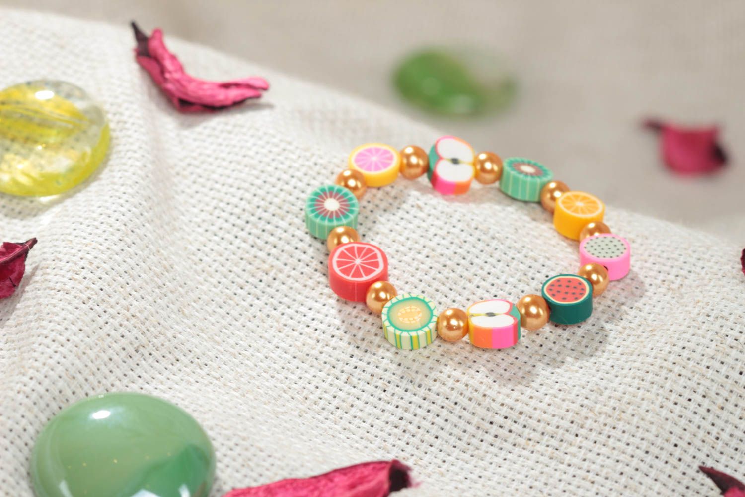 Beautiful bright handmade children's wrist bracelet with polymer clay fruit photo 1