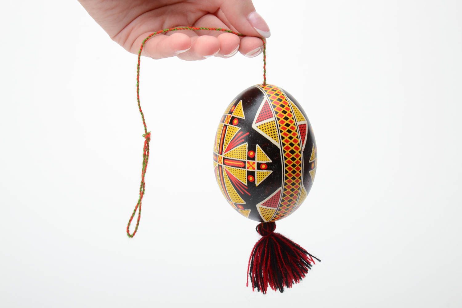 Handmade decorative wall hanging Easter egg painted in contrast colors with tassel photo 5