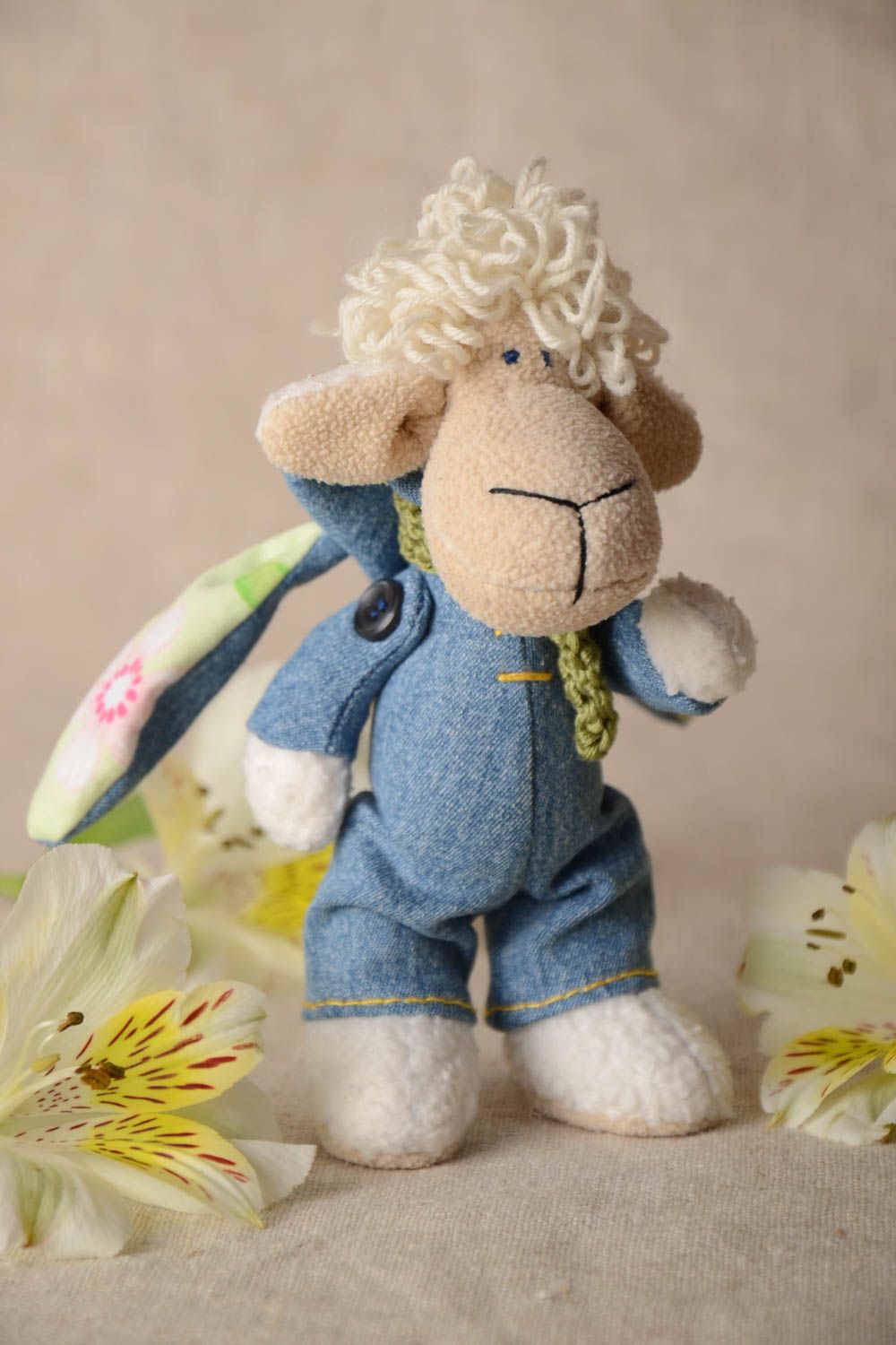 Small handmade soft toy made of felt and jeans unusual for kids photo 1