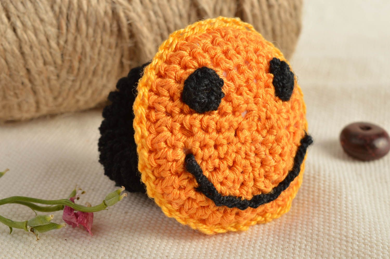 Black and yellow small handmade designer crochet smiley scrunchy for children photo 1