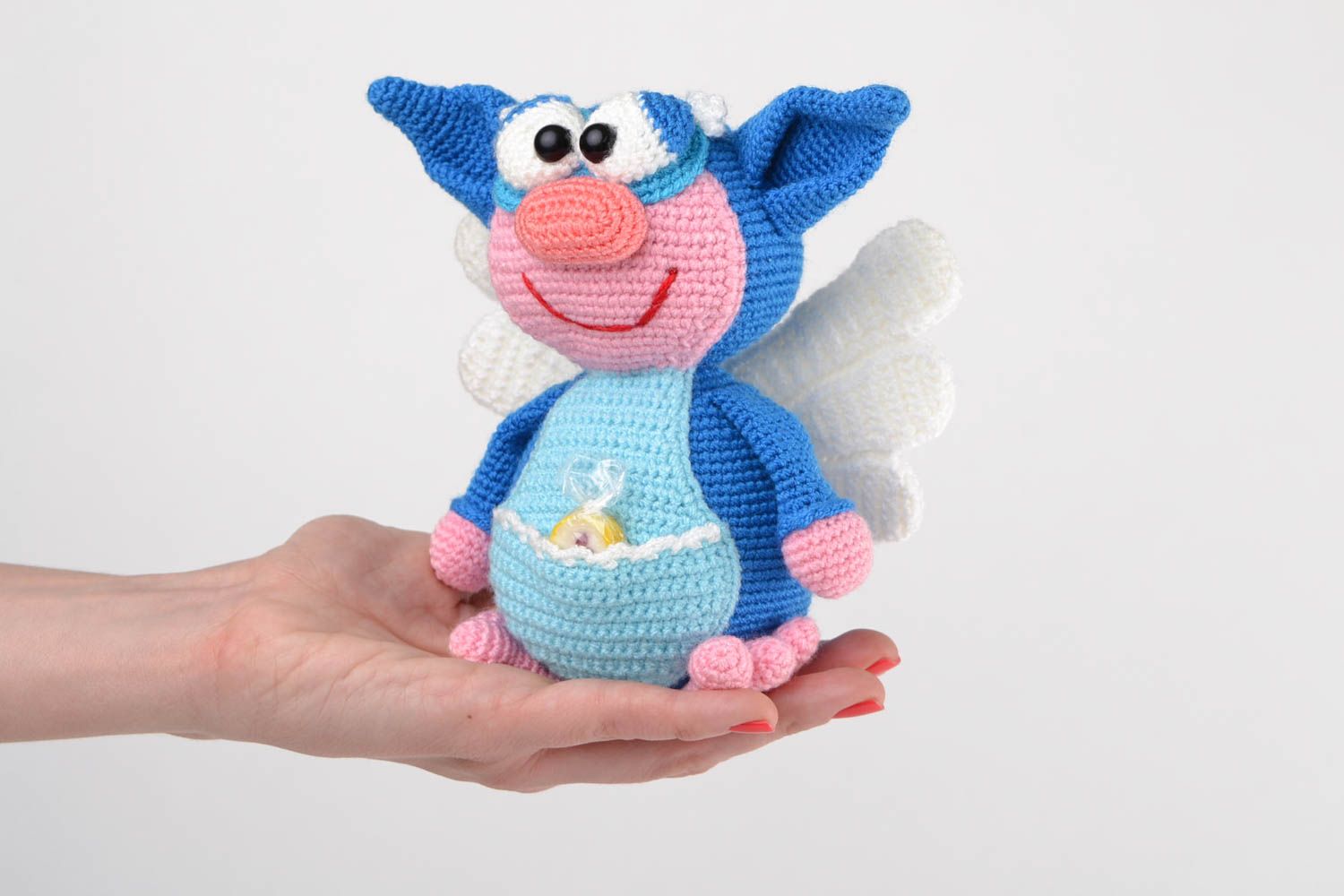 Handmade small soft toy crocheted of acrylic threads blue elf for children photo 2