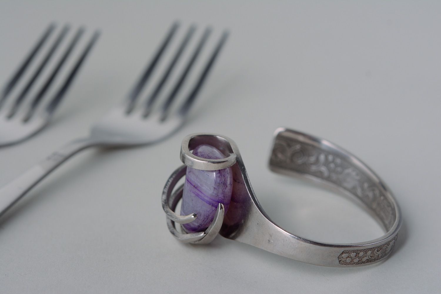 Unusual handmade metal fork bracelet with natural stone photo 1