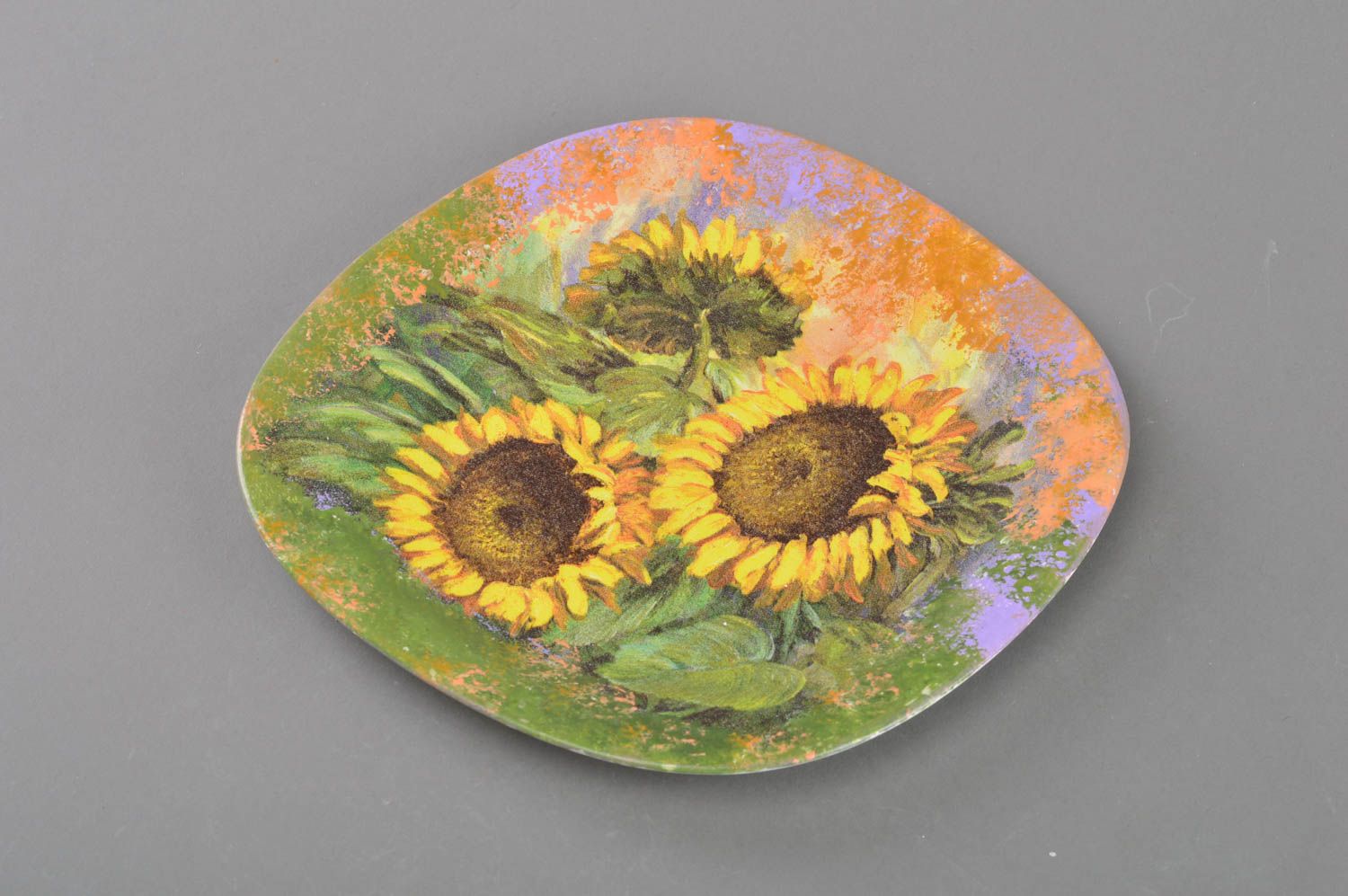 Homemade designer decoupage decorative glass plate with image of sunflowers photo 1