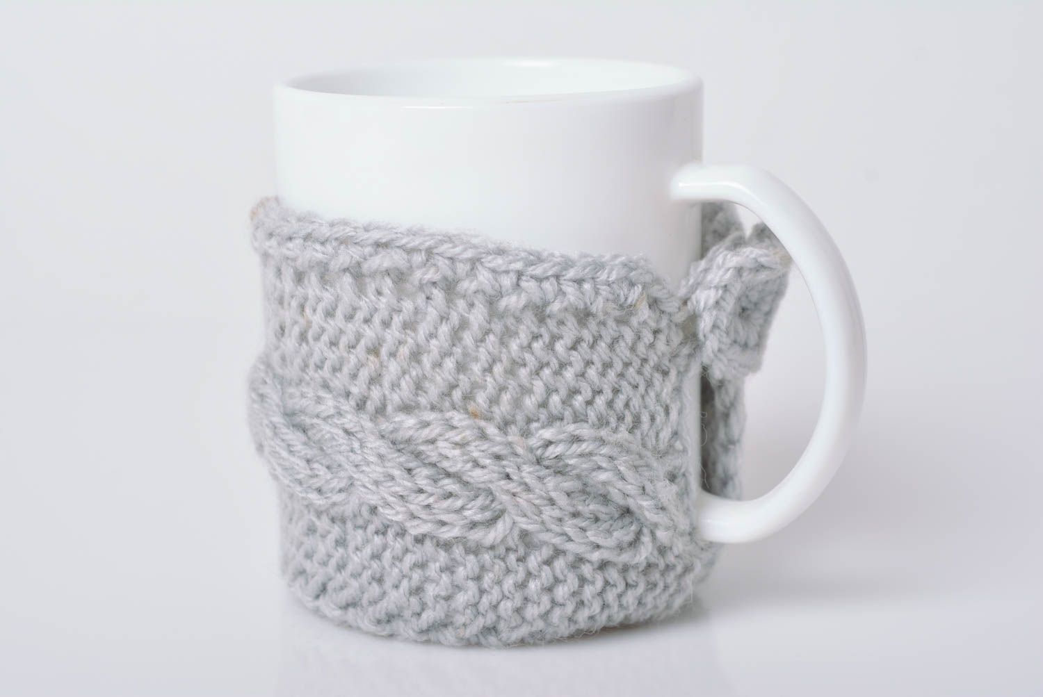 Handmade crocheted beautiful stylish grey case for cup made of acrylic yarns photo 1