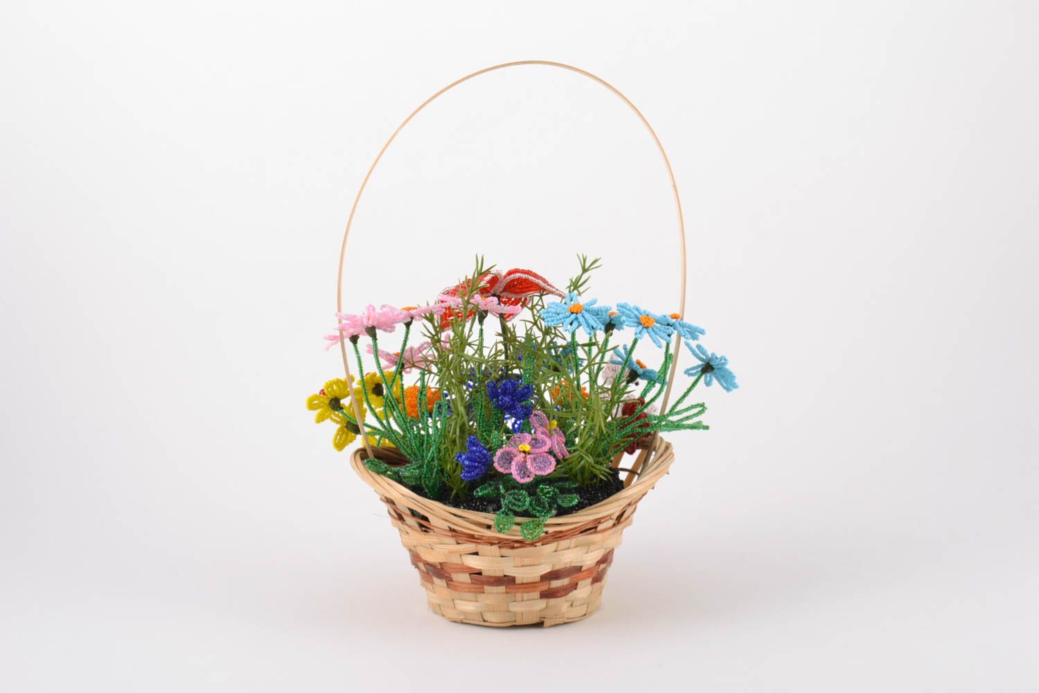 Handmade decorative woven basket with bright colorful volume beaded flowers  photo 2