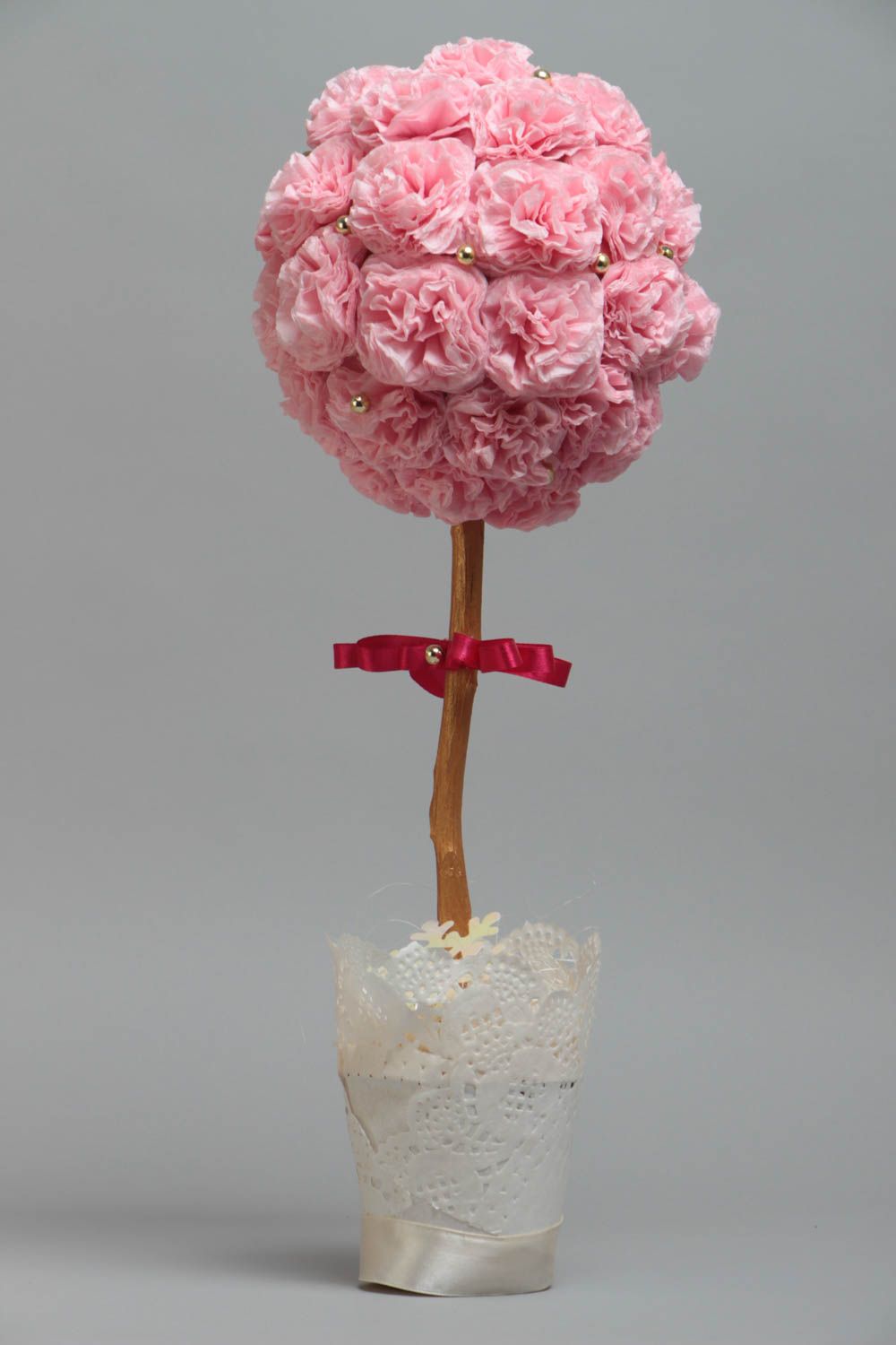 Handmade decorative tree topiary with napkins and satin ribbons in pink colors photo 2