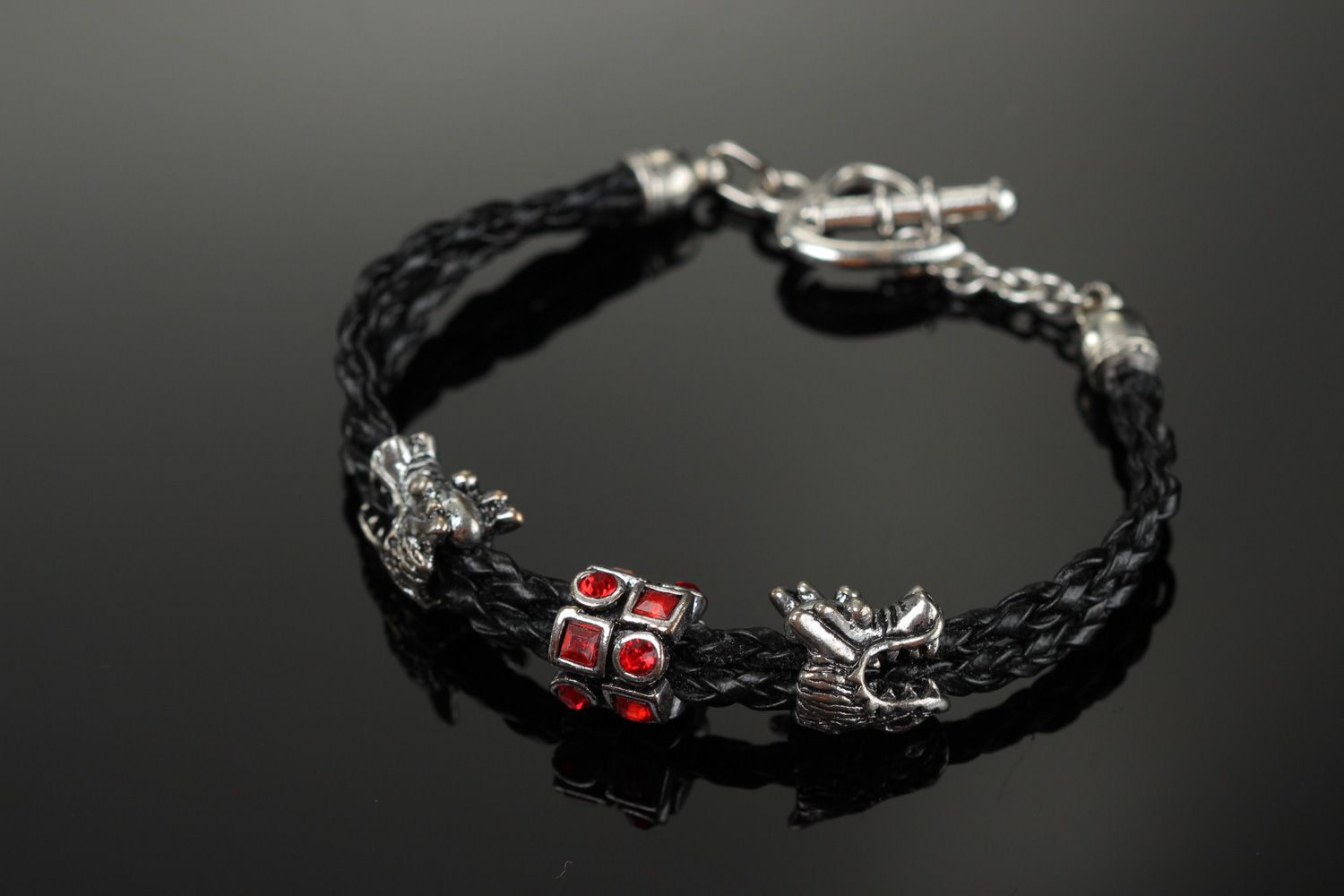 Thin black handmade faux leather bracelet with metal charms in Orient style photo 1