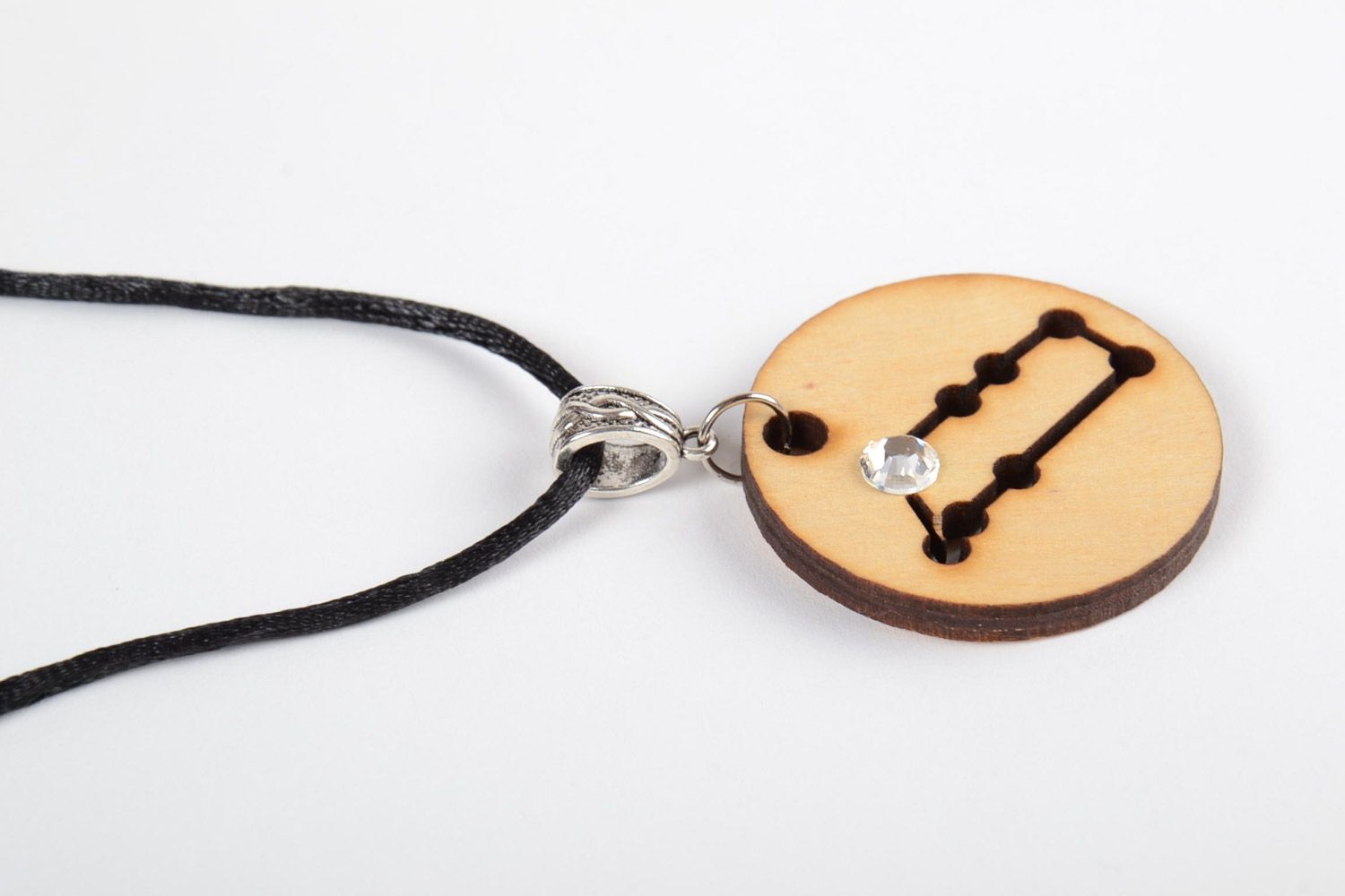 Handmade round wooden pendant with constellation on a long cord designer's jewelry photo 4