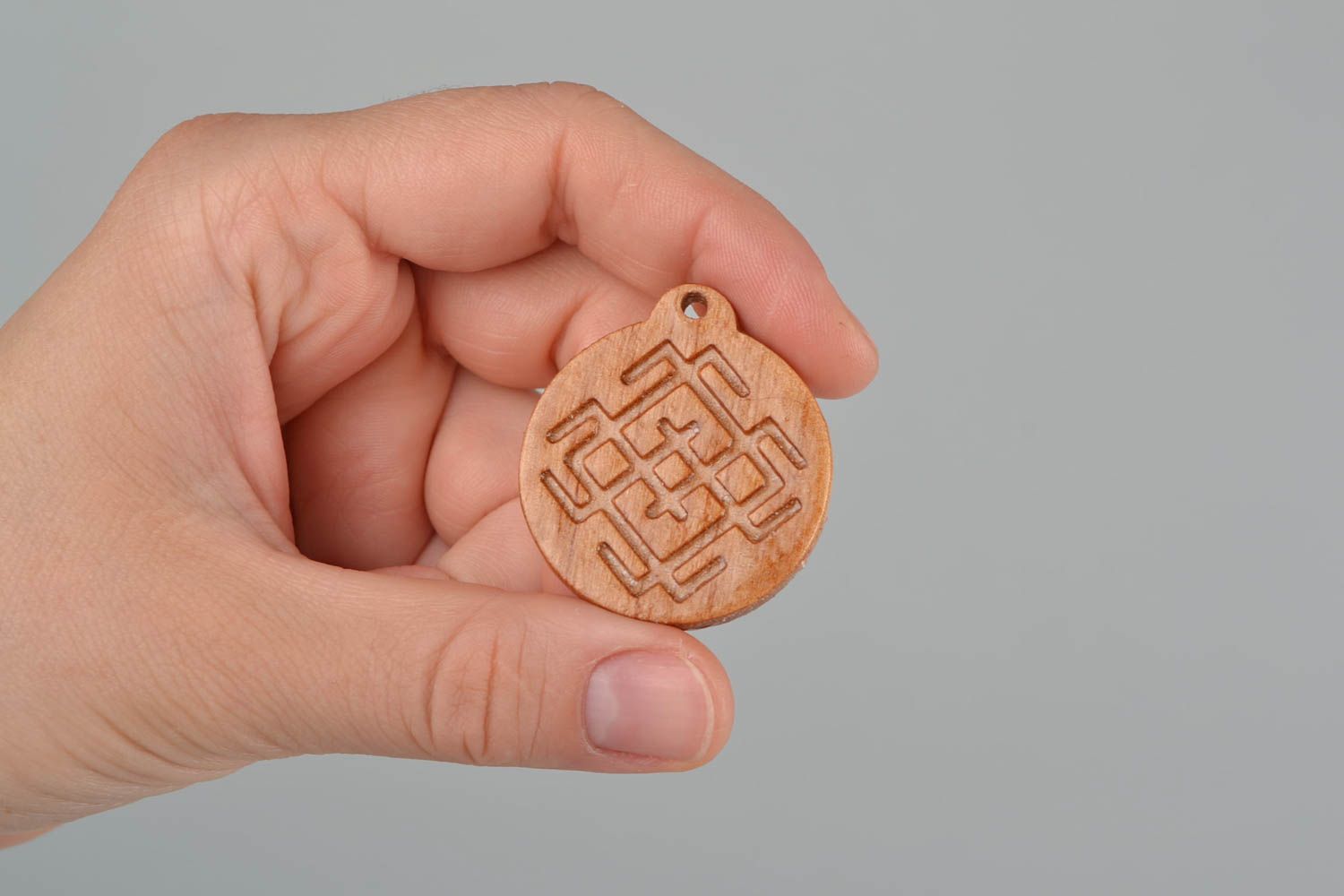 Handmade small round natural wood varnished carved Slavic amulet pendant Belobog photo 2