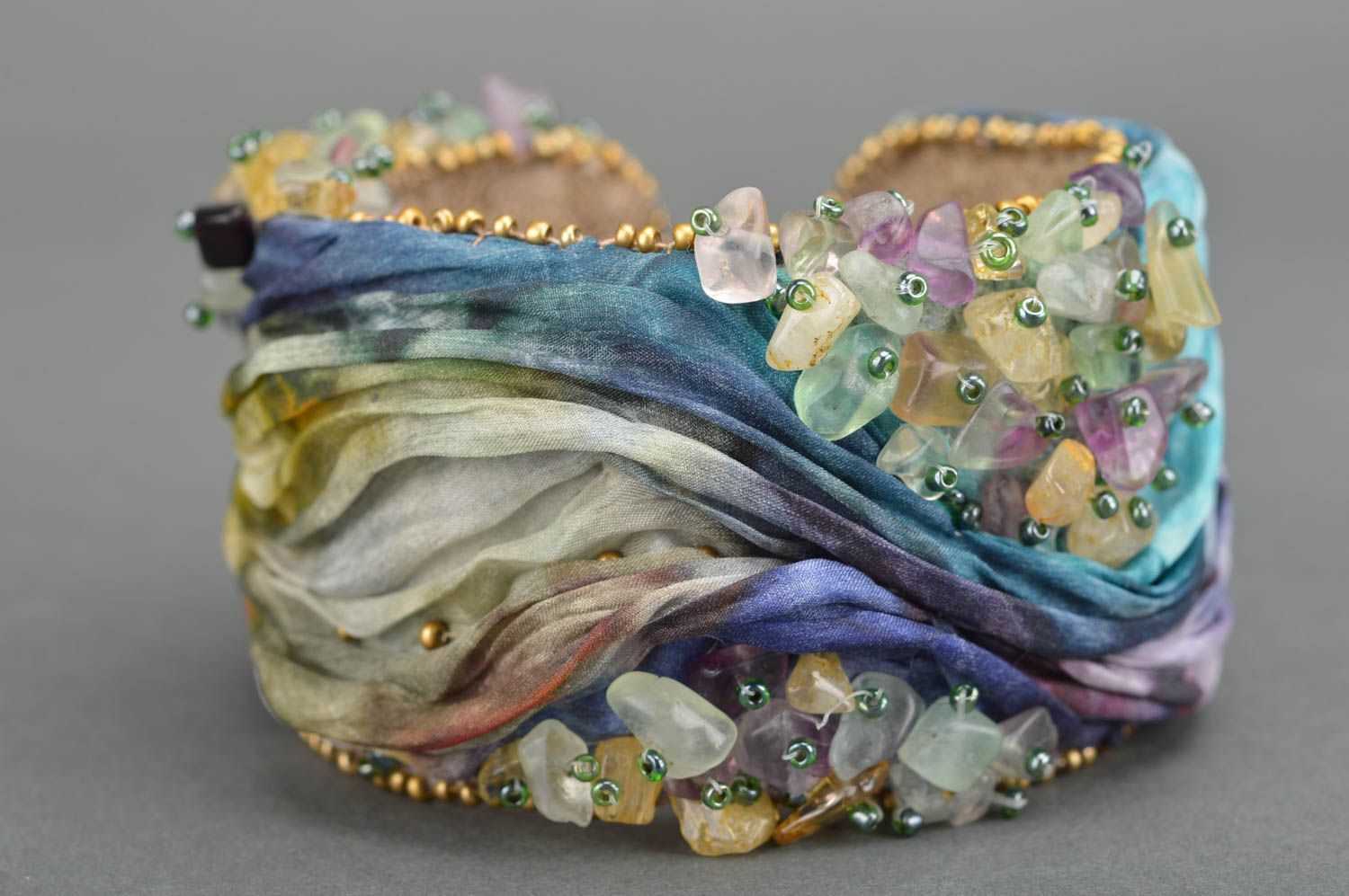 Bracelet textile en perles de rocaille fait main large Profondeurs de la mer photo 3