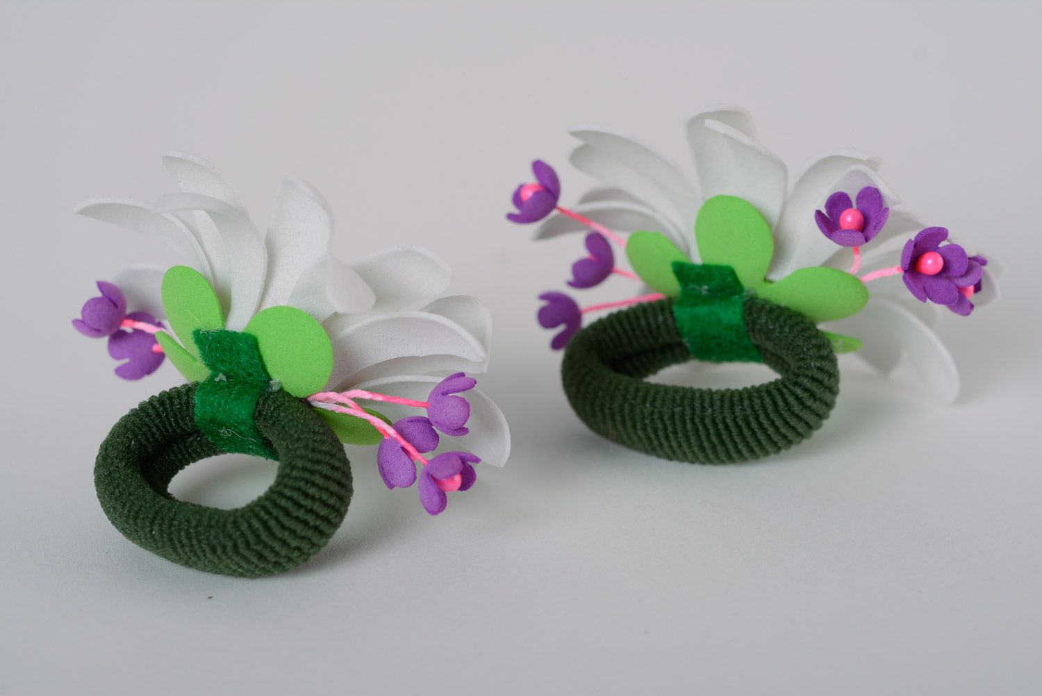 Set of small handmade foamiran fabric flower hair ties 2 pieces photo 4