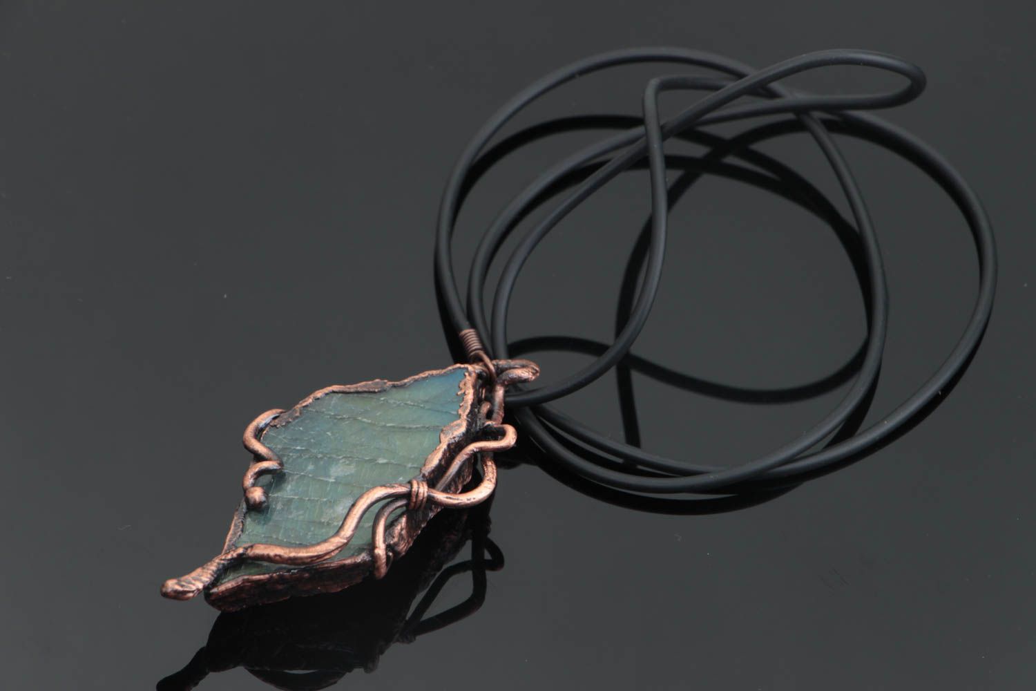 Unusual handmade copper pendant with natural stones on rubber cord photo 1
