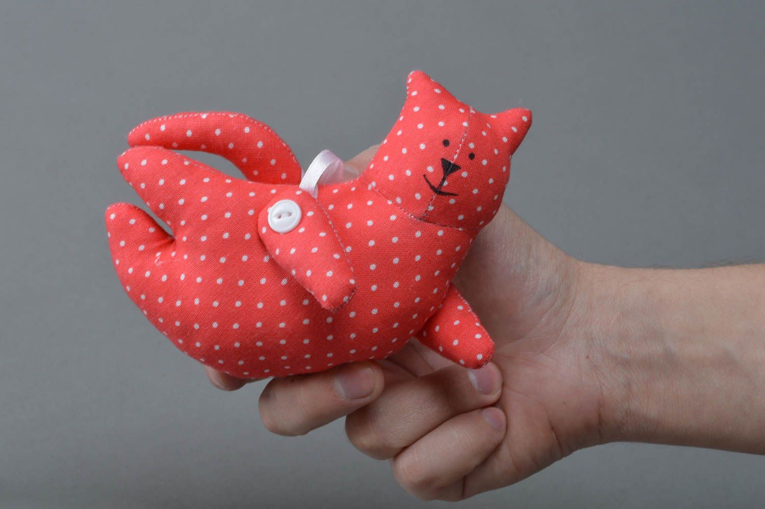 Handmade cotton fabric wall hanging soft toy red polka dot flying cat  photo 4