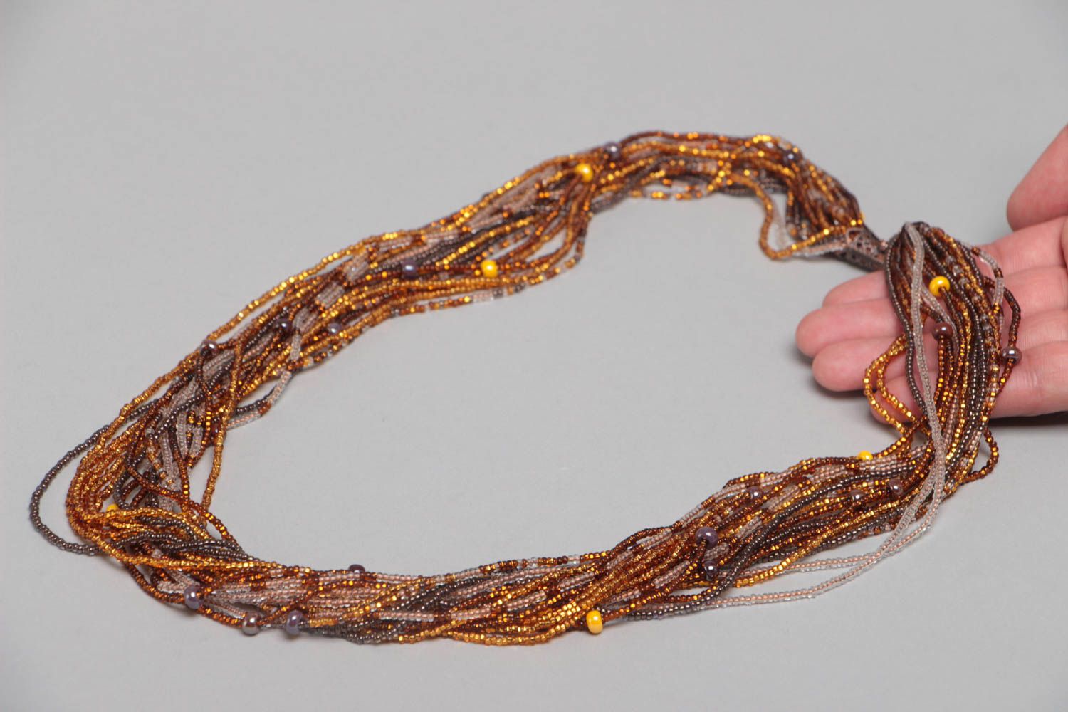 Handmade designer multi row beaded necklace in amber color palette for women photo 5