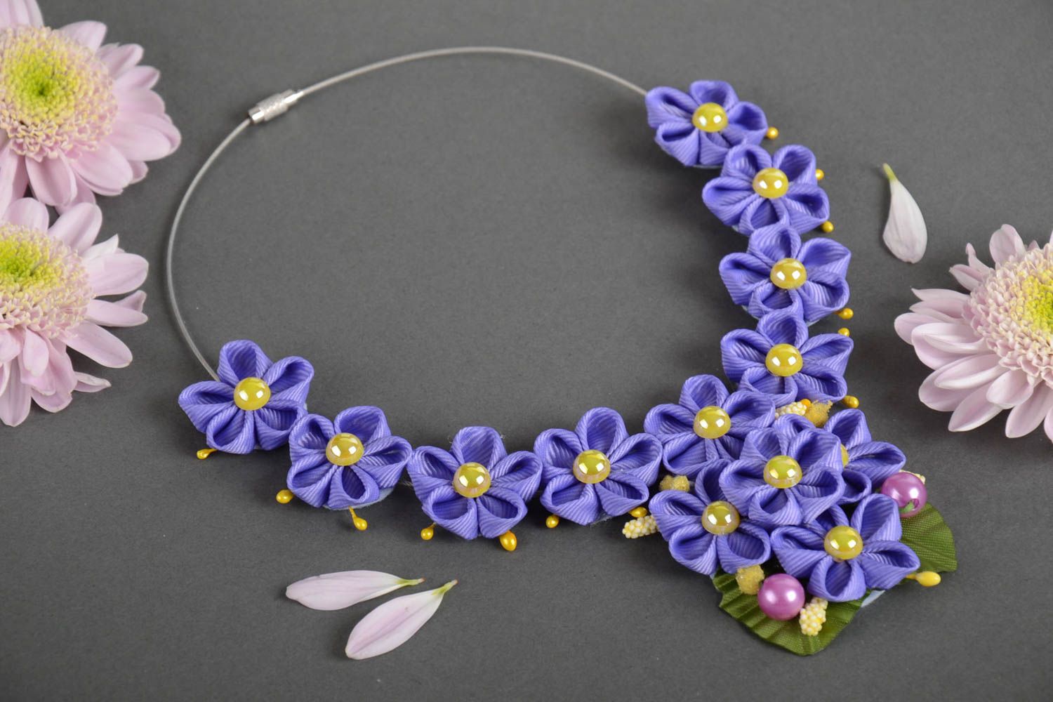 Handmade designer necklace with violet rep ribbon kanzashi flowers and beads photo 1