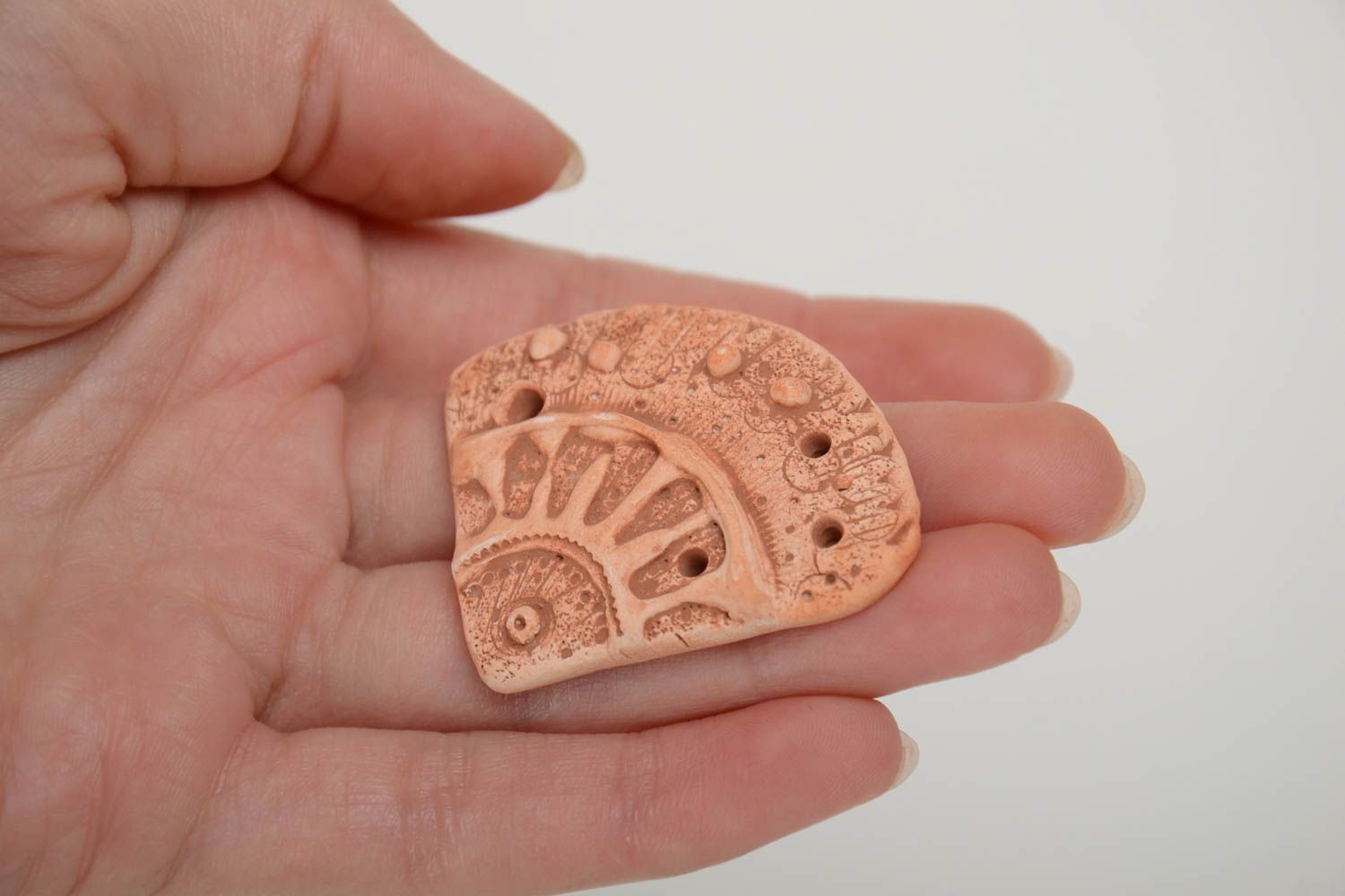 Small flat relief patterned handmade ceramic component for jewelry making photo 5