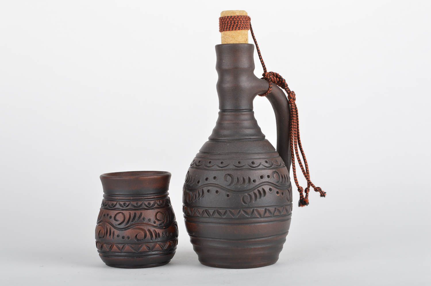 Beautiful brown handmade designer clay bottle and glass drinkware set 2 pieces photo 2