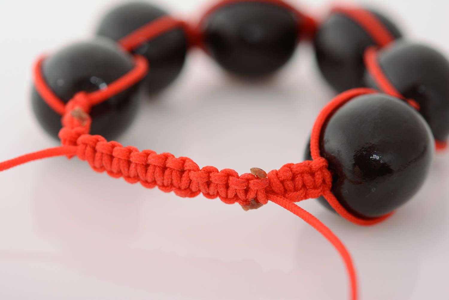 Bracelet with plastic beads on red waxed cord braided handmade accessory photo 4