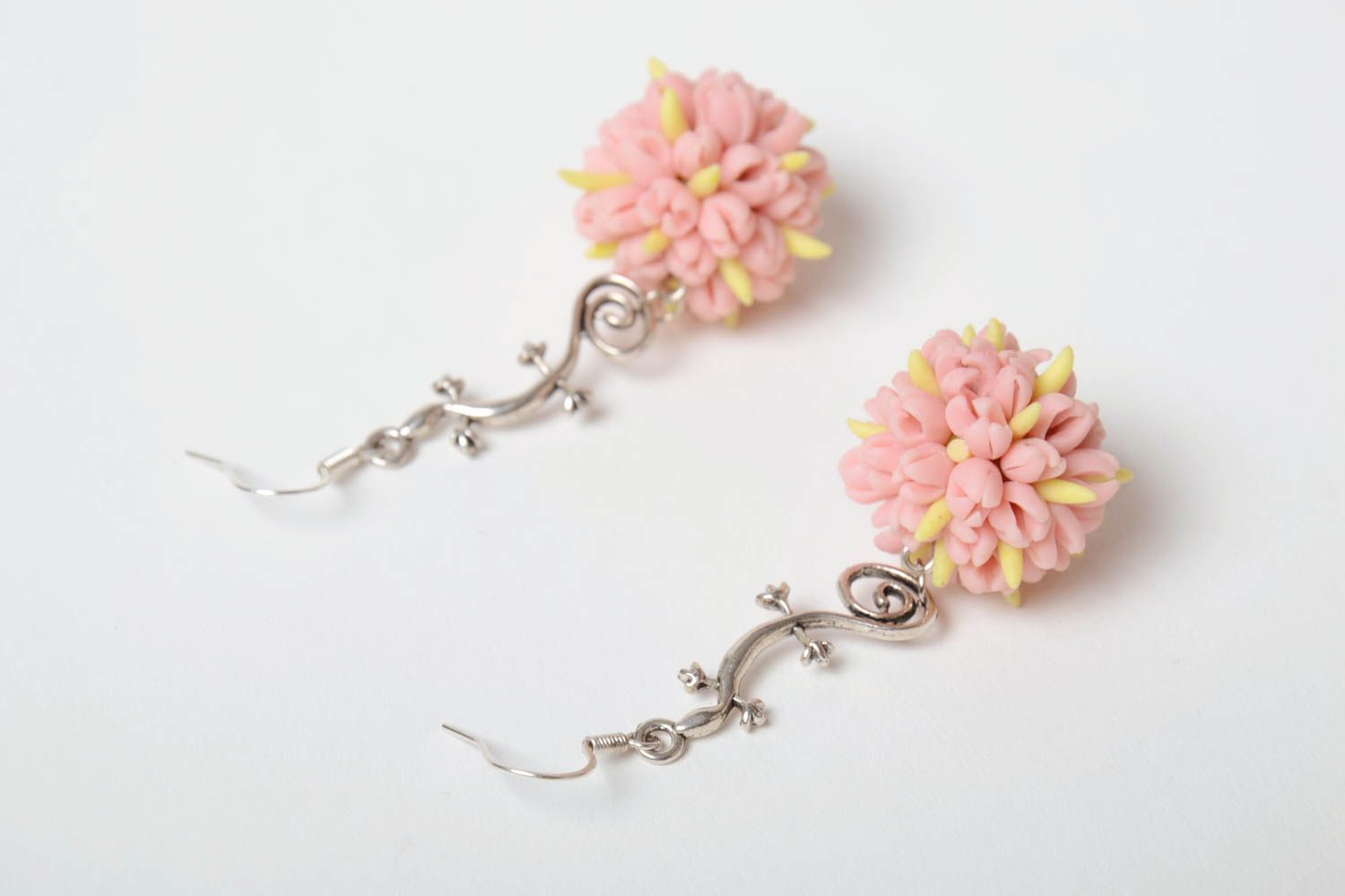 Unusual fancy earrings with tender handmade polymer clay flower bouquet pendant photo 4
