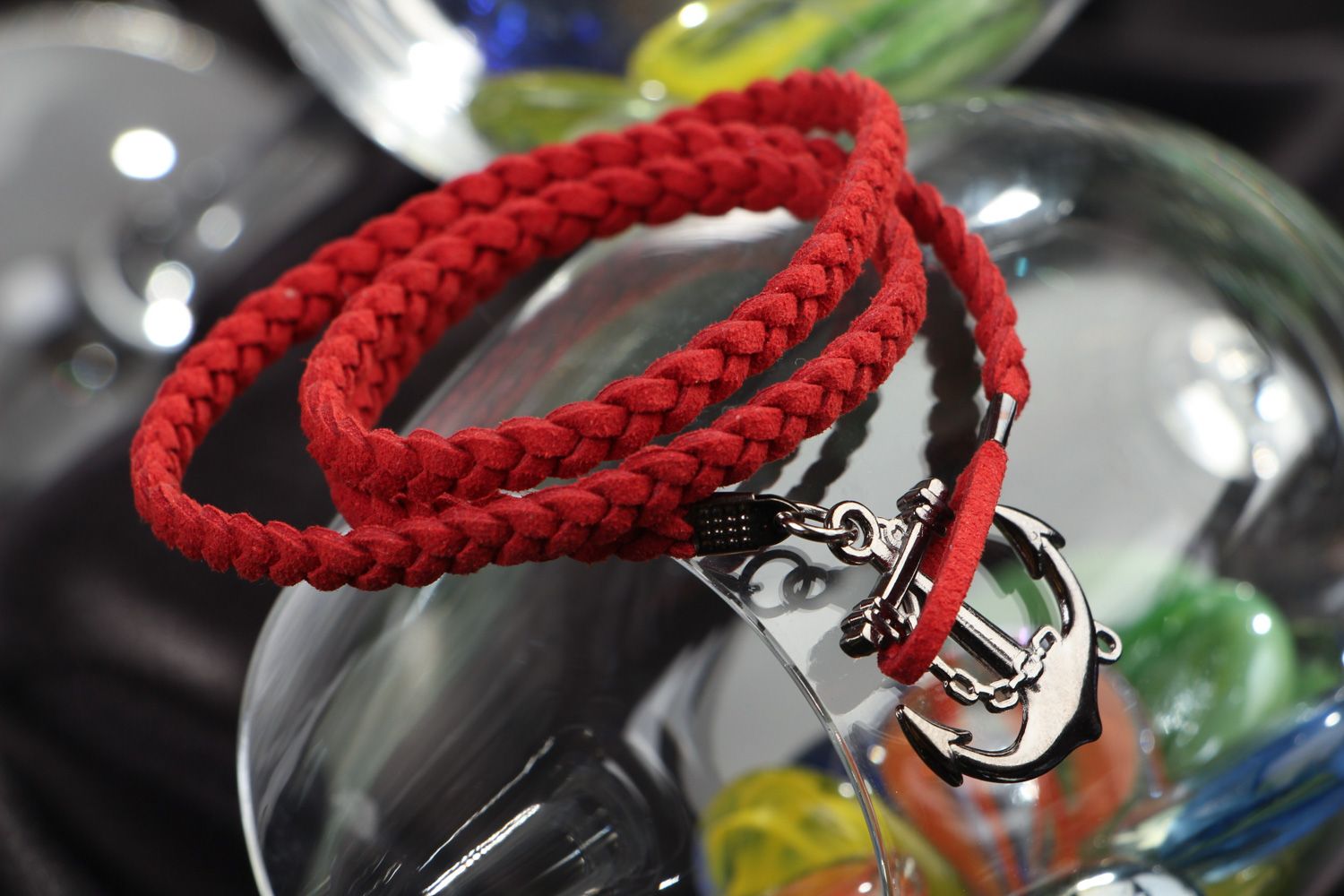 Handmade multi row marine bracelet woven of red artificial suede with anchor photo 4