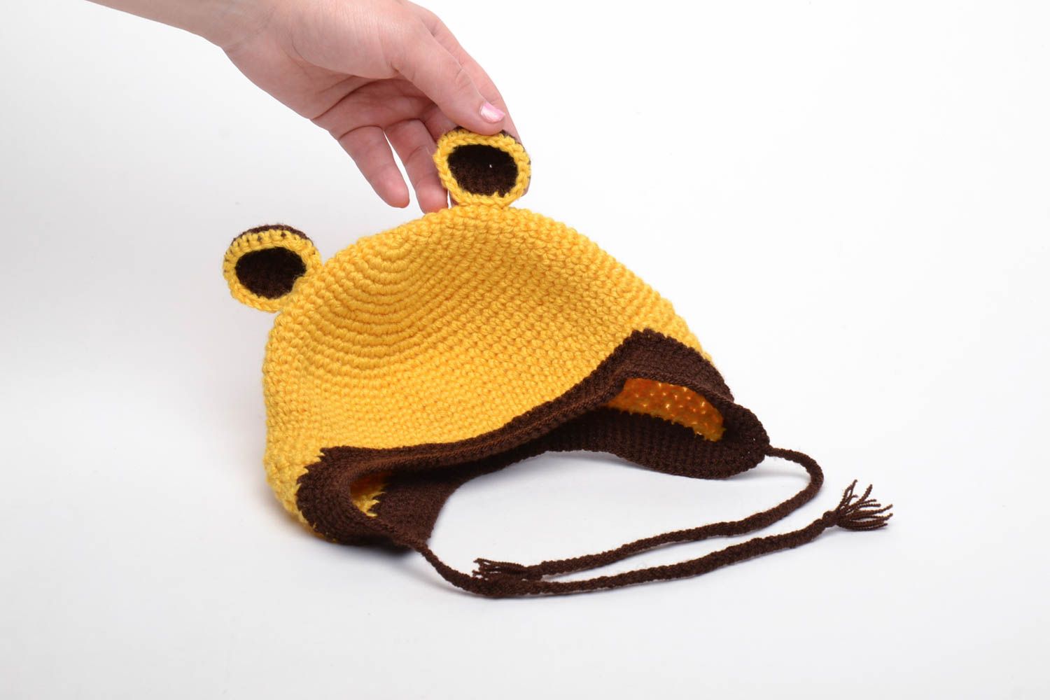 Bonnet tricoté à la main original pour enfant fait main jaune avec oreilles photo 5