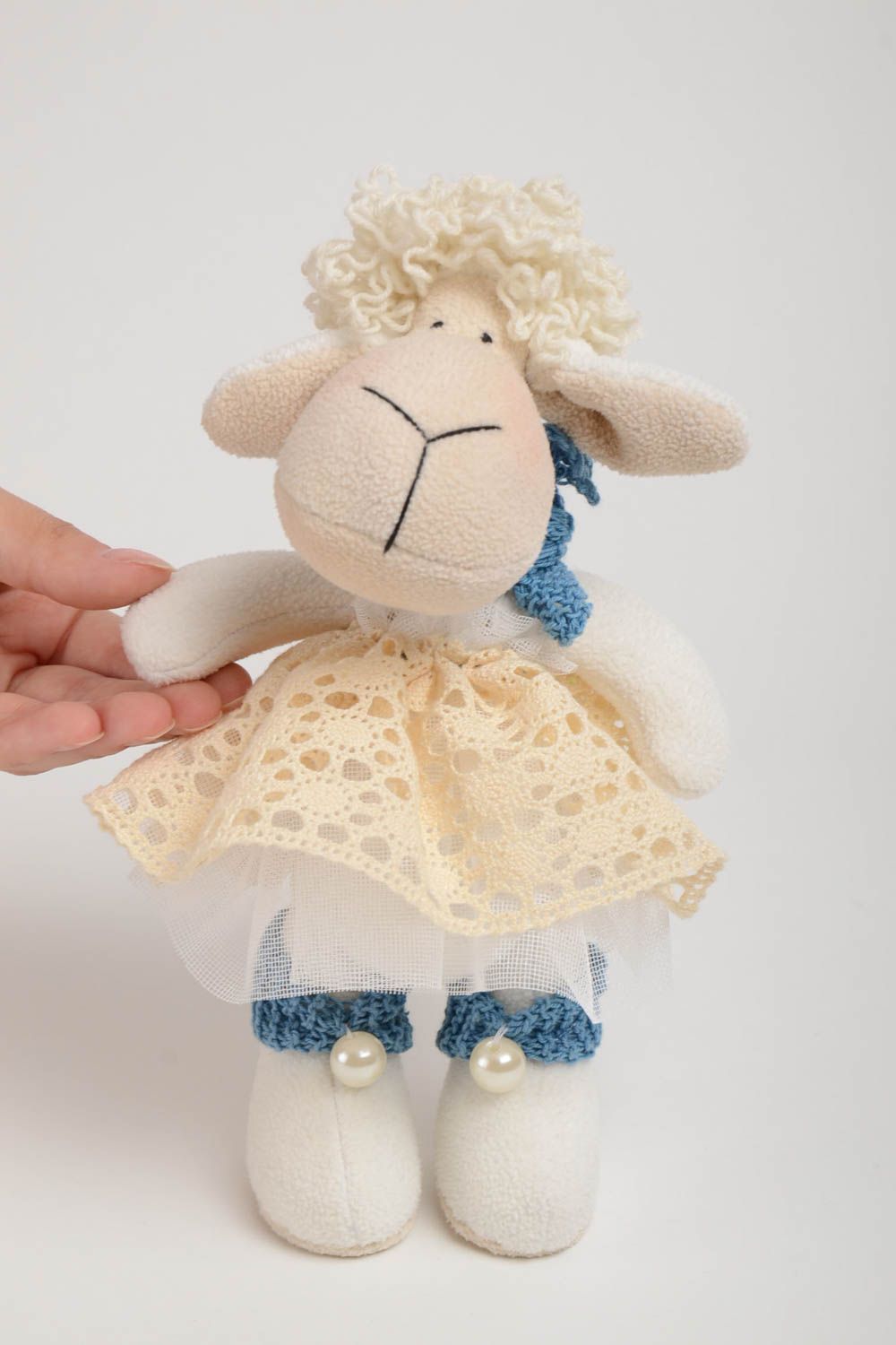Decorative handmade soft toy sheep in dress made of natural fabrics for home photo 5