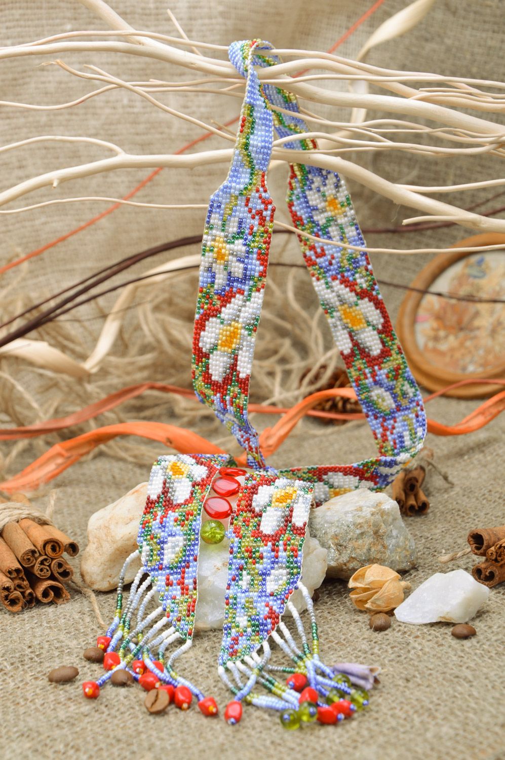 Unusual handmade Czech bead flower gerdan necklace for girls photo 1