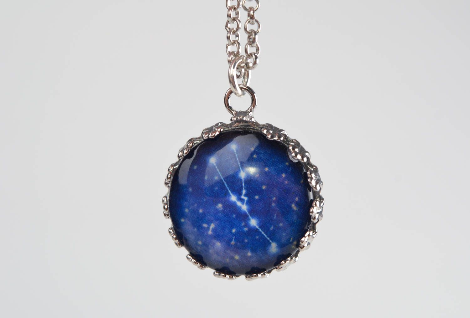 Handmade designer blue glass round pendant necklace on chain with constellation photo 4