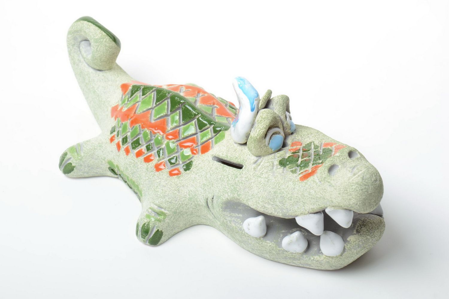 Bunte Keramik Sparbüchse Alligator mit Pigmenten Bemalung Künstler Handarbeit foto 2
