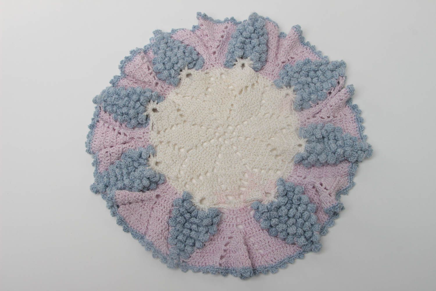 Handmade decorative light festive round lacy napkin crocheted of viscose threads photo 2