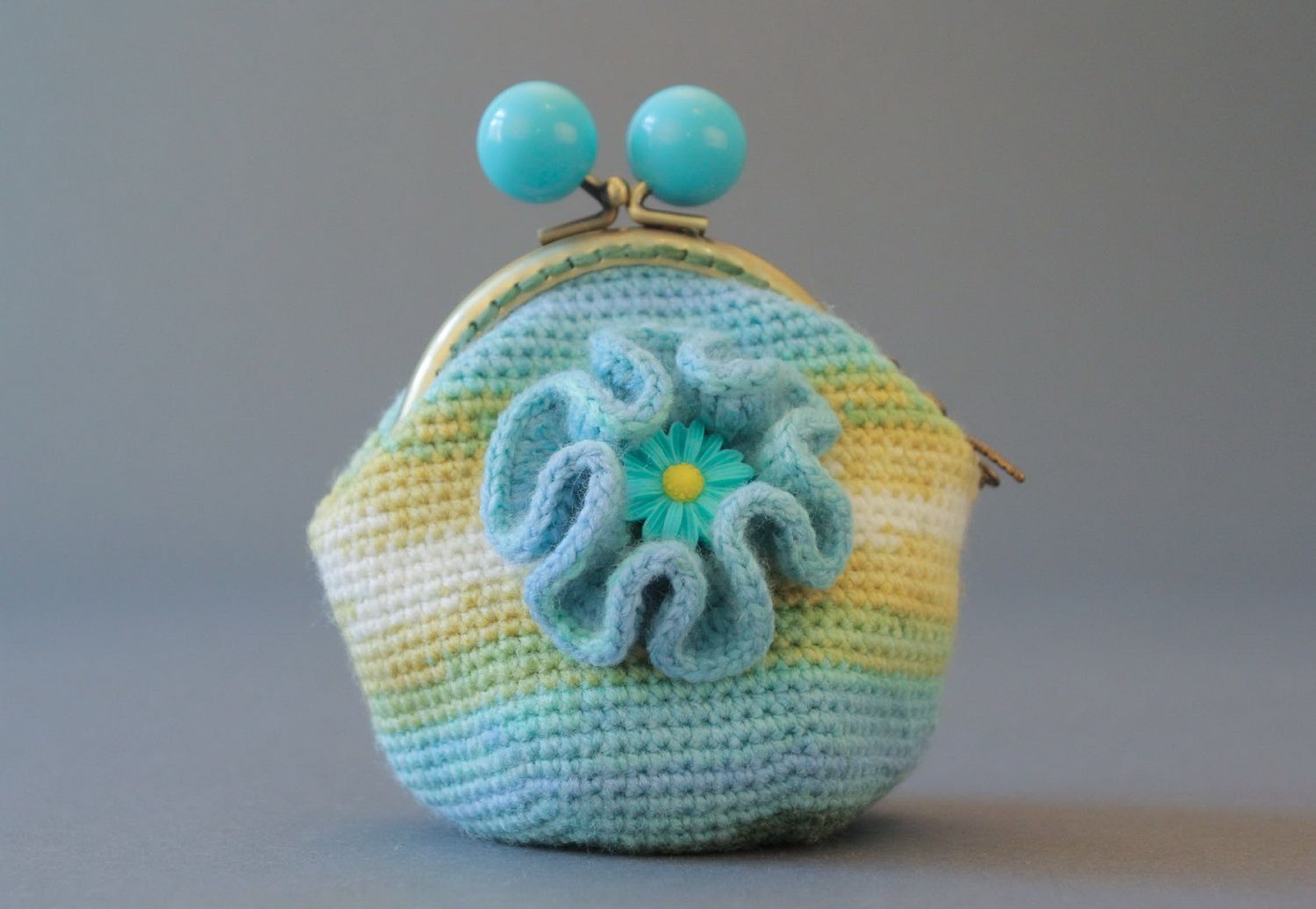 Cotton purse with knitted flower and dragonfly photo 1