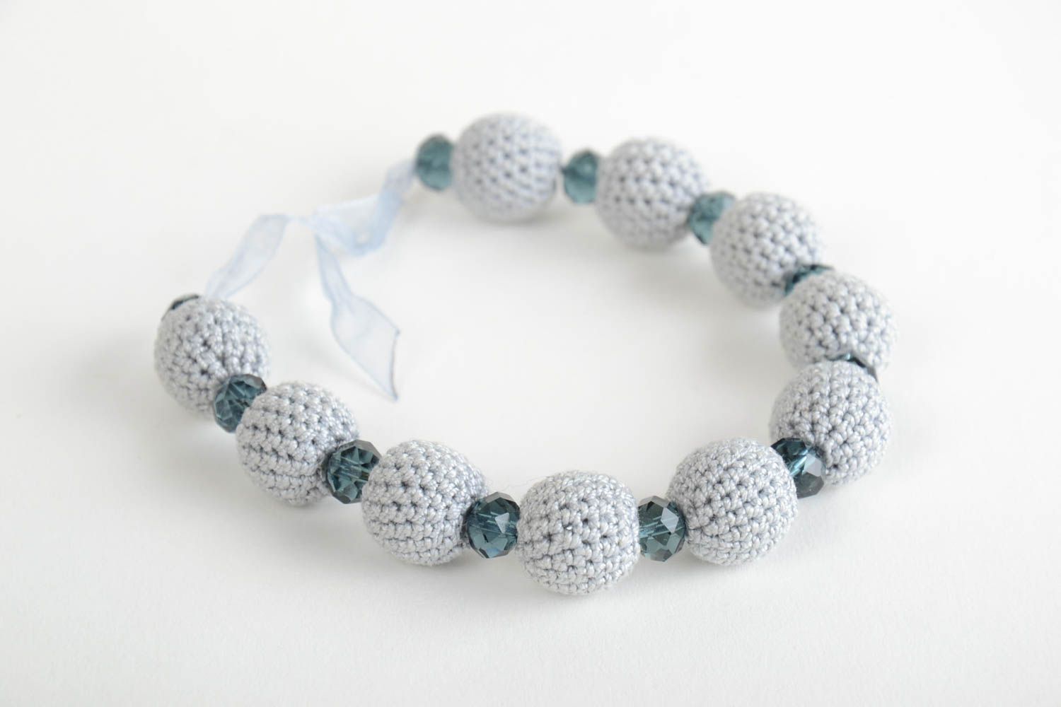 Beautiful handmade designer crochet ball bracelet of gray color photo 5