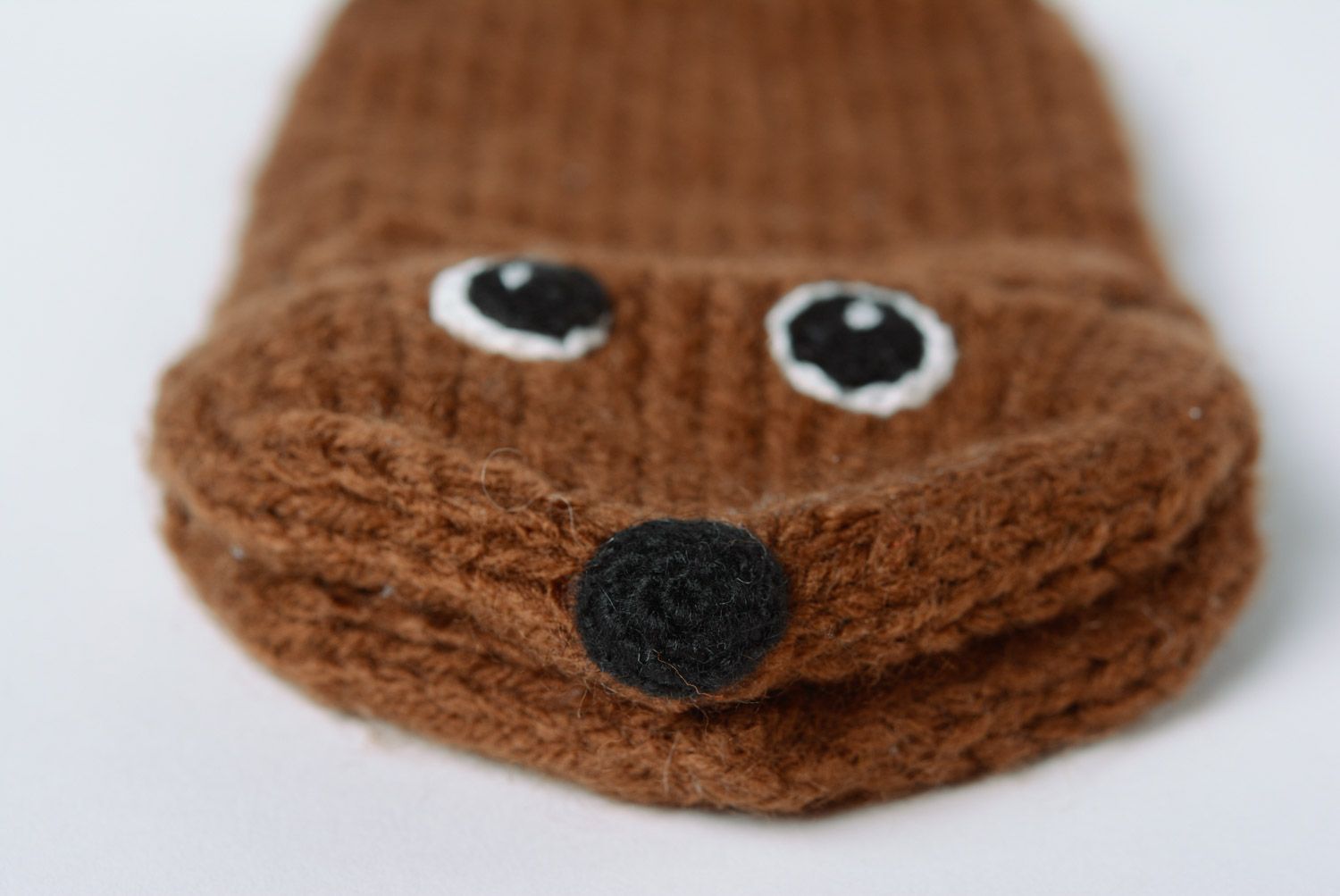 Handmade cute hand puppet knitted of brown threads for puppet theater  photo 3