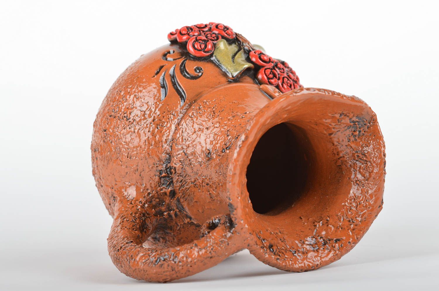 Cruche en argile peinte de glaçure faite main brun avec anse Roses 50 cl photo 4