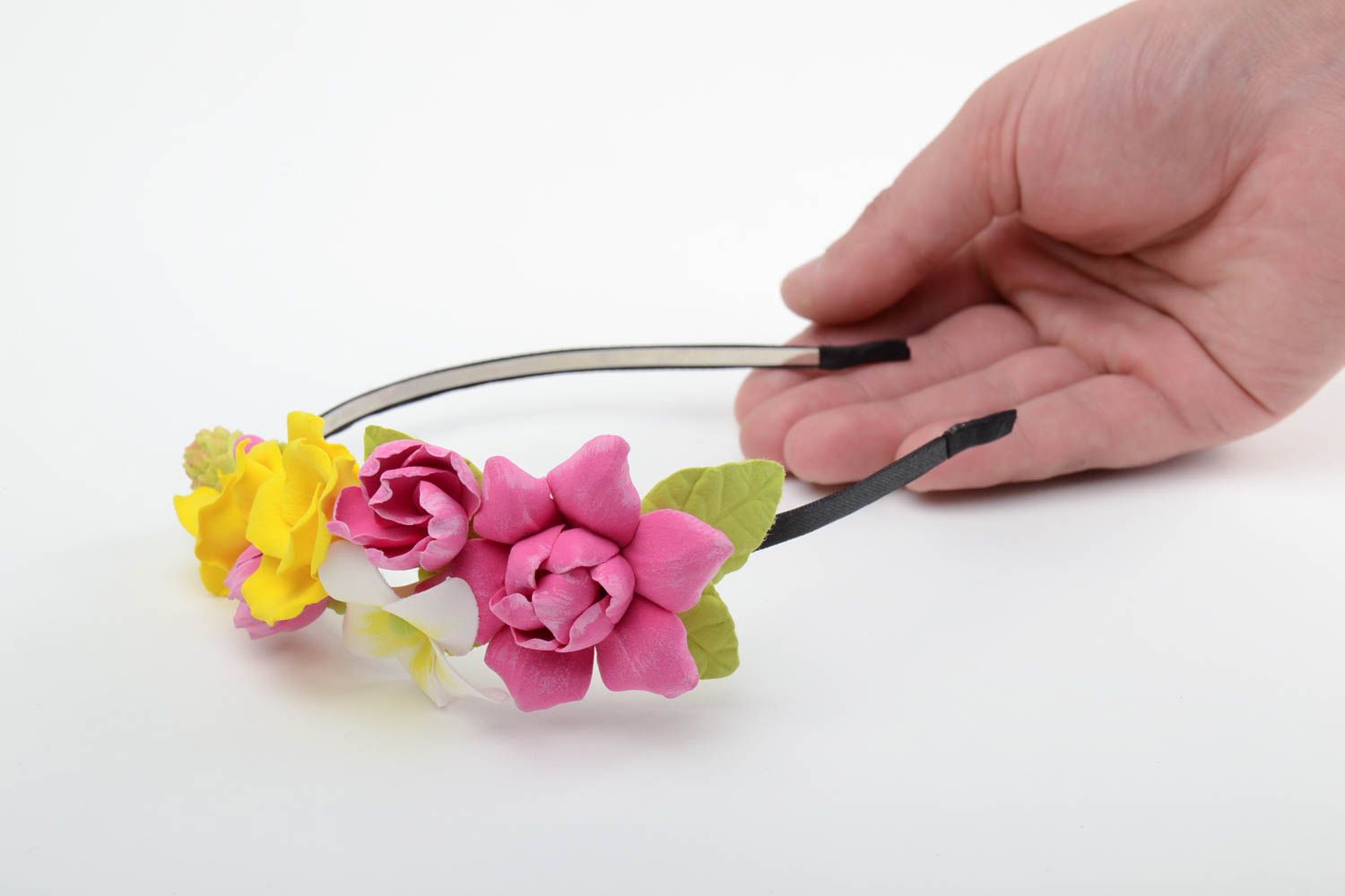 Handmade tender decorative thin headband with colorful polymer clay flowers photo 2