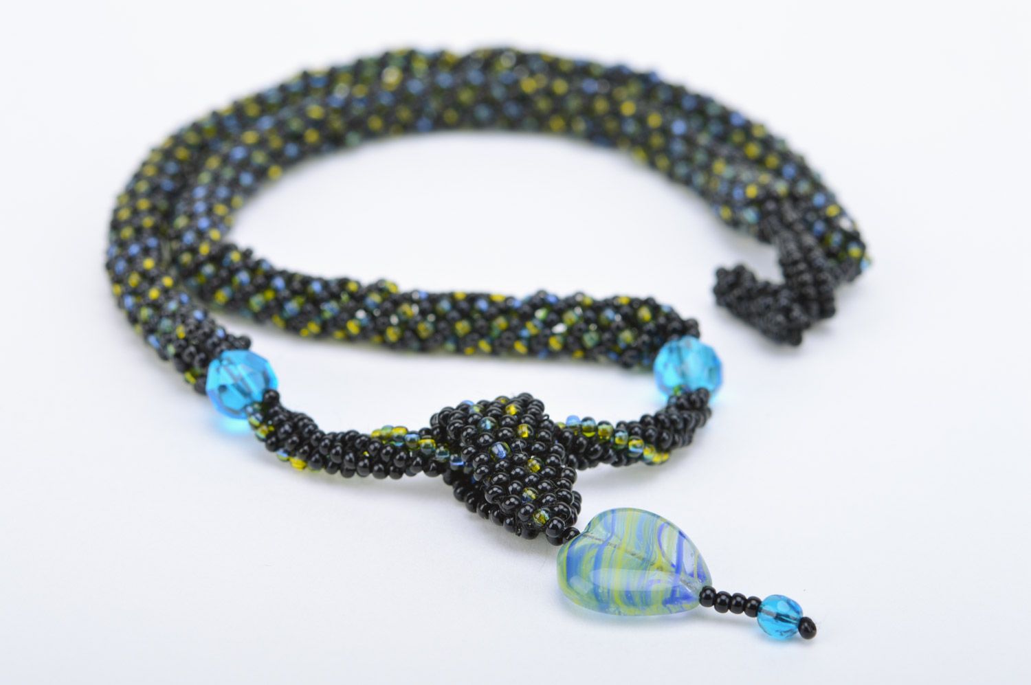 Black handmade beaded cord necklace with heart-shaped pendant photo 4