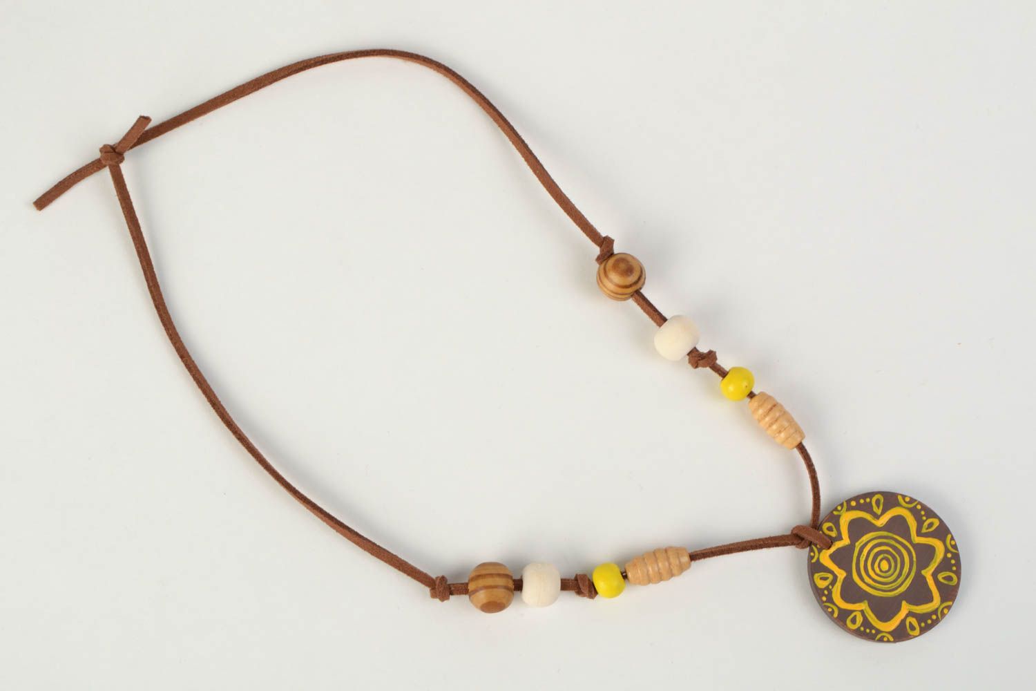 Handmade ethnic round polymer clay neck pendant on cord with wooden beads photo 3