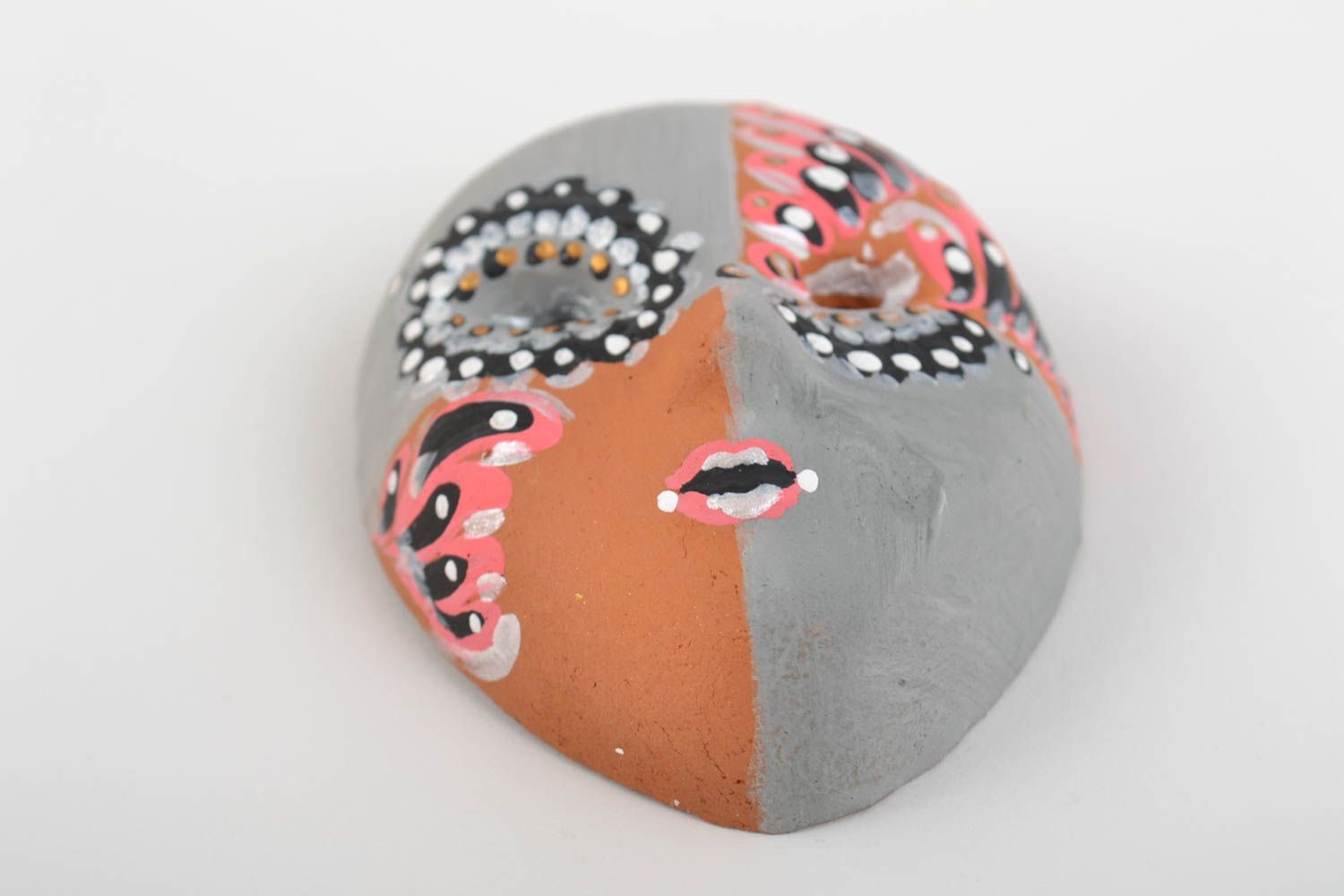 Handmade painted grey fridge magnet in shape of souvenir mask made of clay photo 4