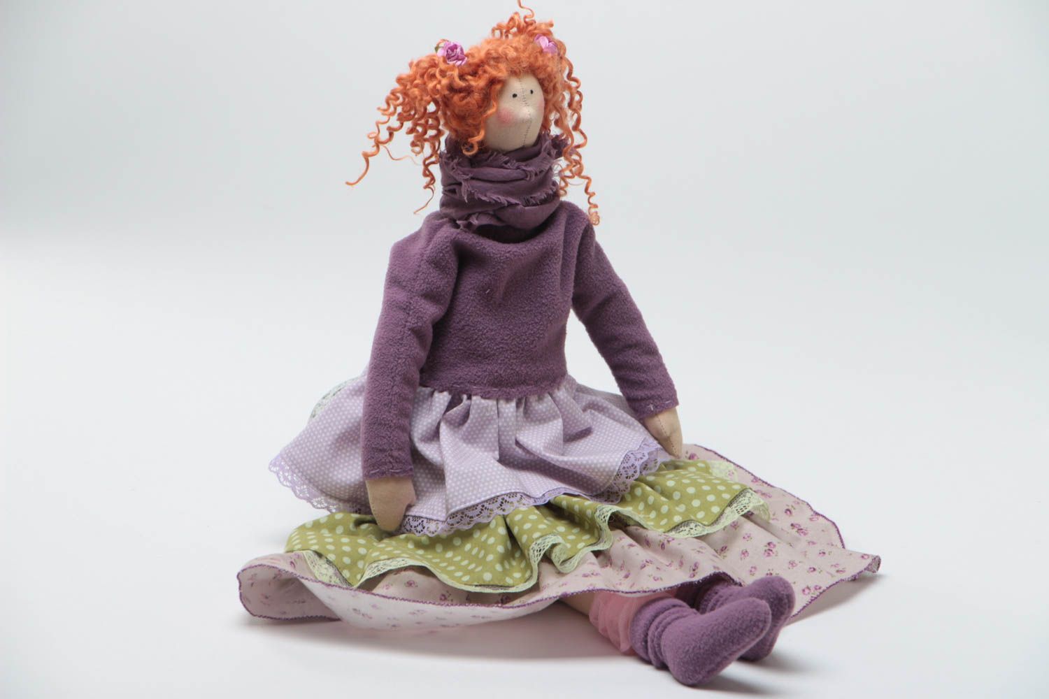 Handmade designer fabric soft doll with ginger hair in violet clothing photo 2
