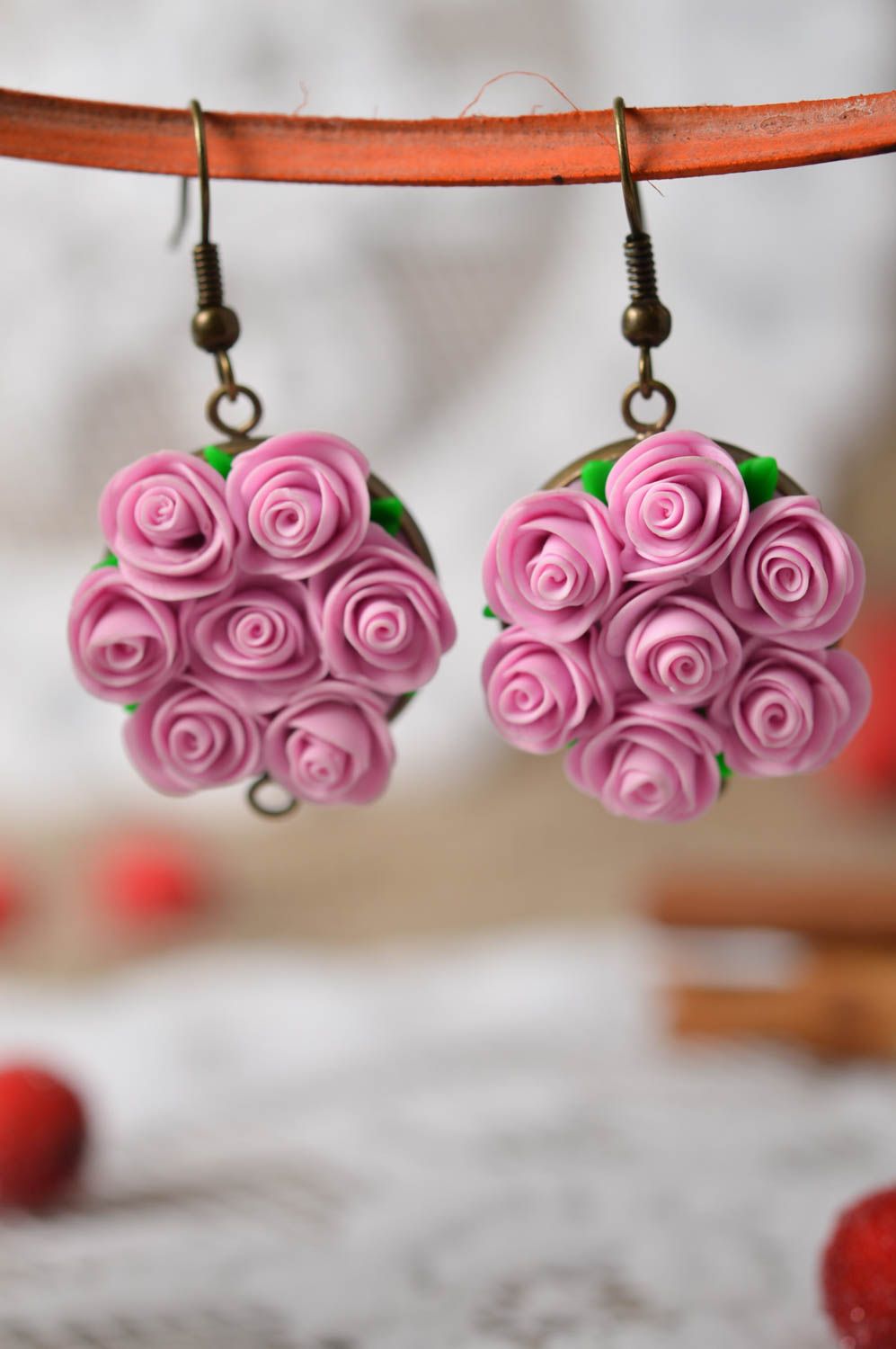 Handmade polymer clay earrings plastic earrings with roses flower jewelry photo 2