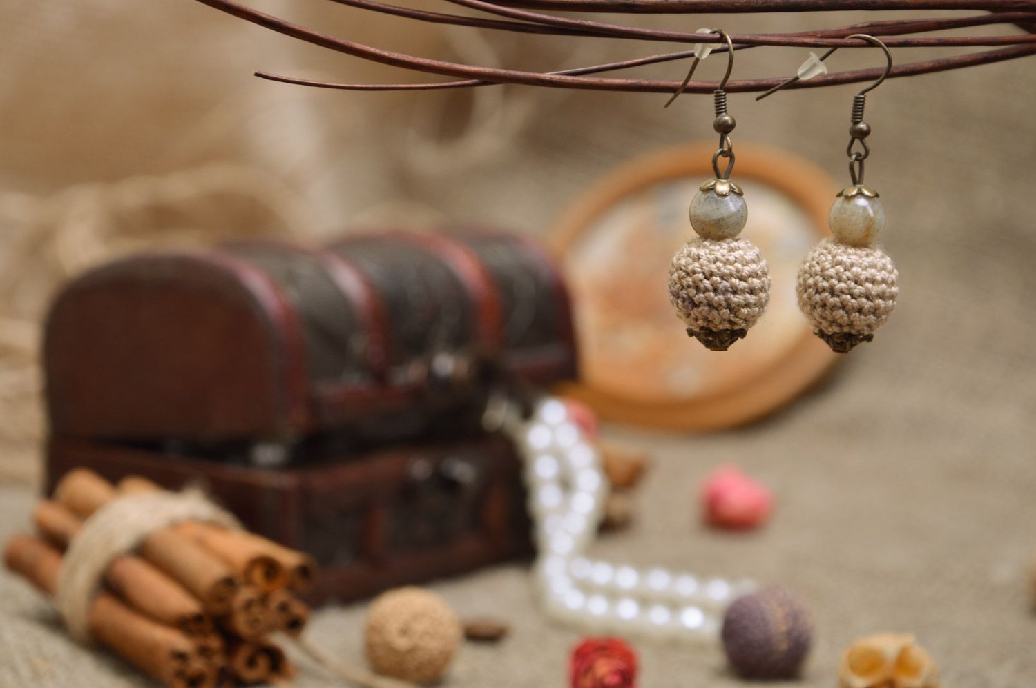 Handmade long earrings with threads made of sling beads Coffee mood photo 1