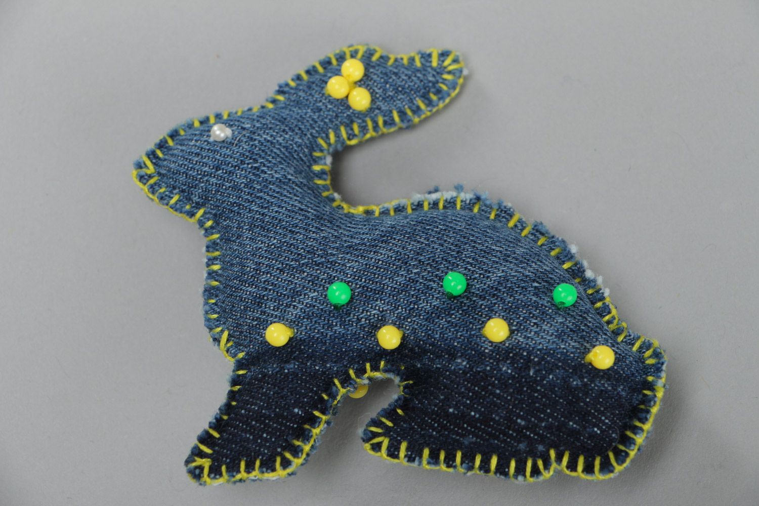 Small homemade soft toy sewn of denim fabric embroidered with beads Rabbit photo 4