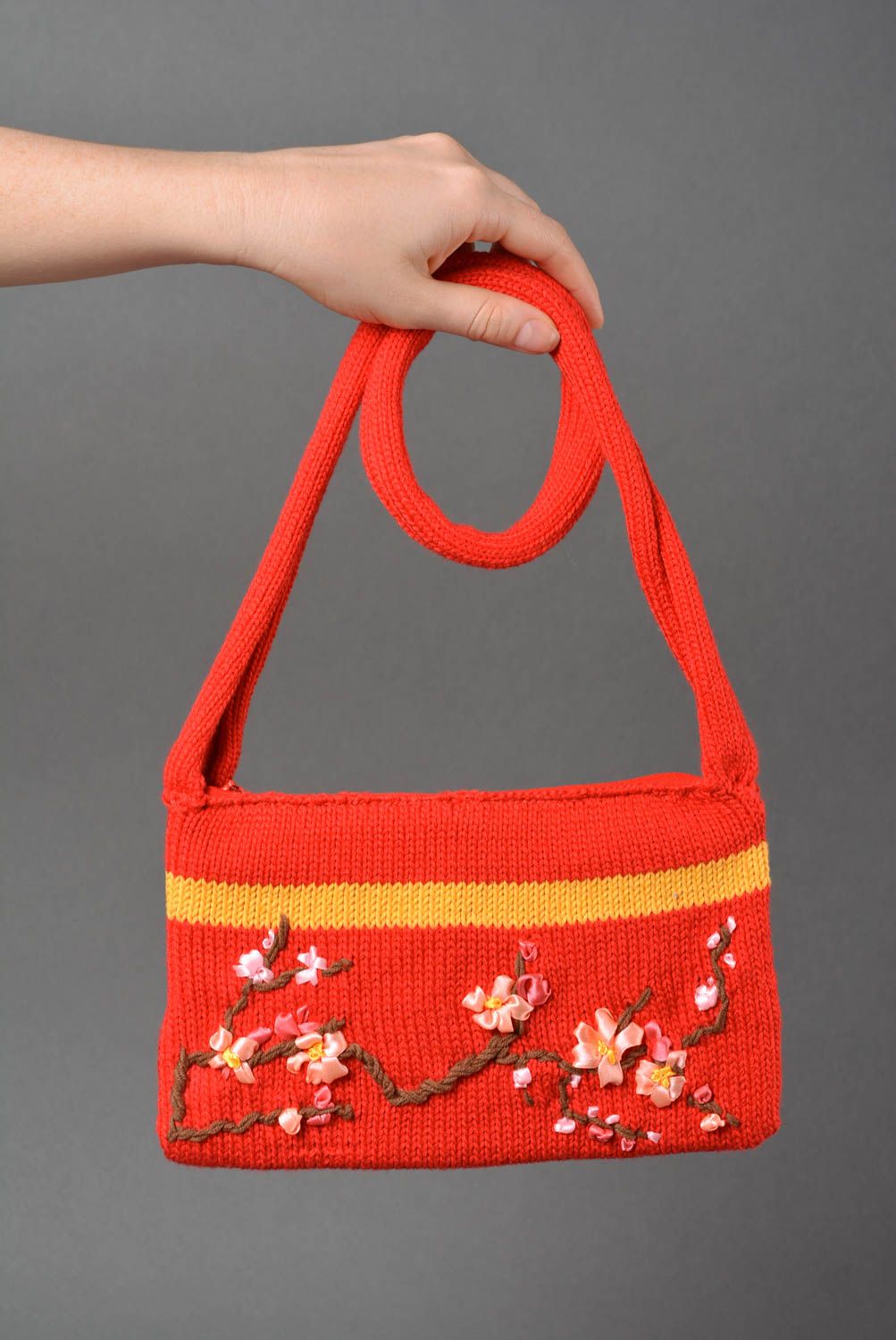 Handmade knitted purse red fabric shoulder bag designer women accessories photo 3