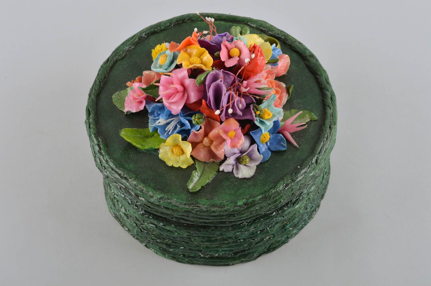 Boîte à bijoux fait main Boîte en papier ronde verte avec fleurs Déco maison photo 2