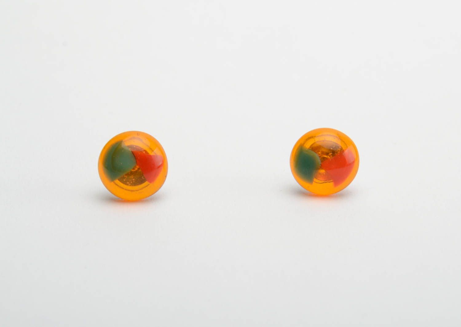 Handmade transparent orange stud earrings made using glass fusing technique photo 5