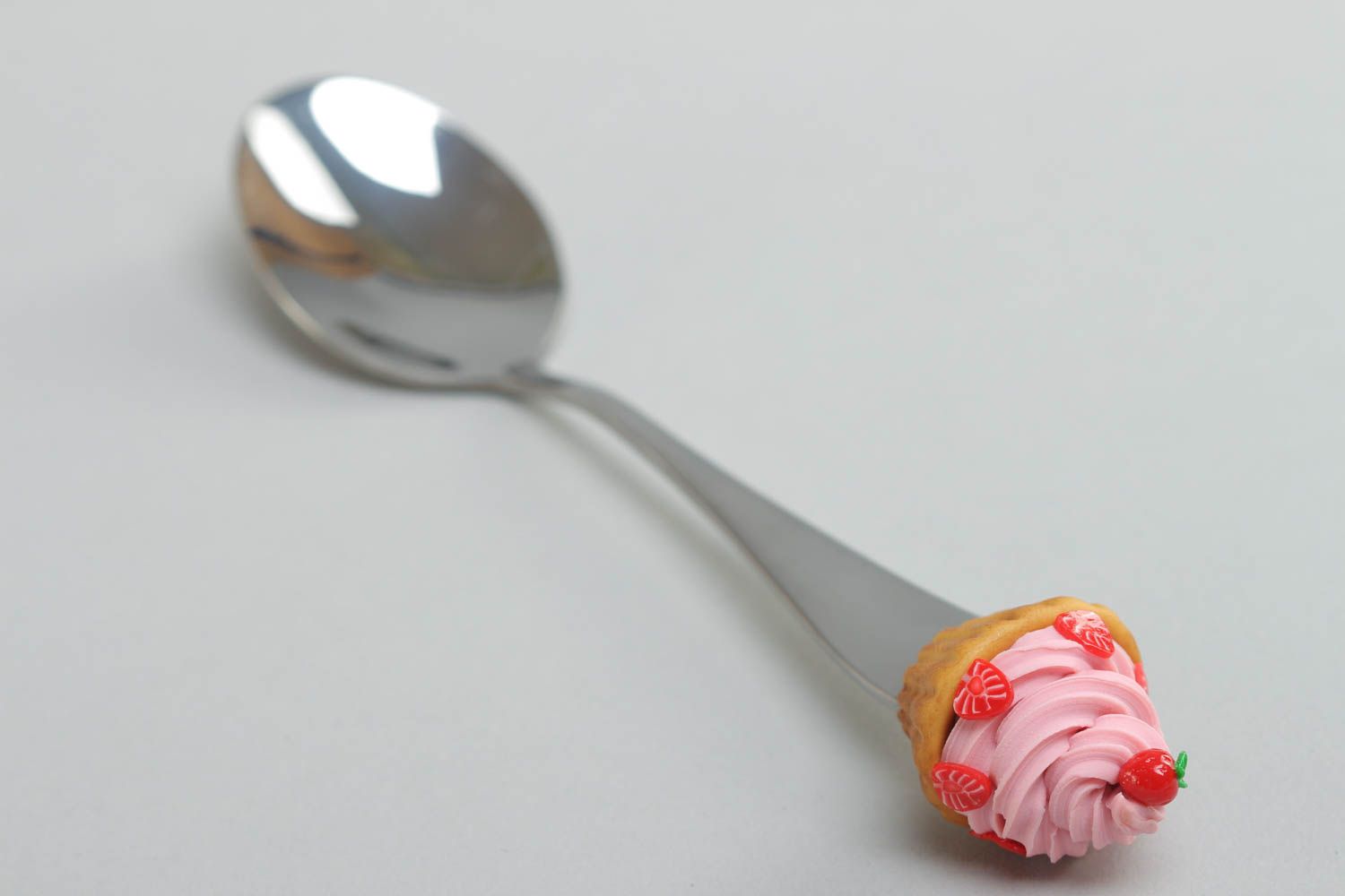 Handmade dessert spoon with handle decorated with small bright polymer clay cake  photo 2