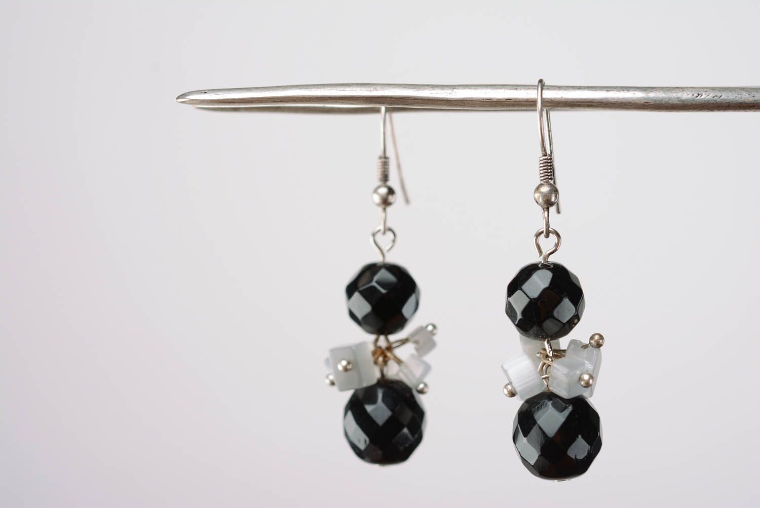 Metal earrings with black crystal photo 3